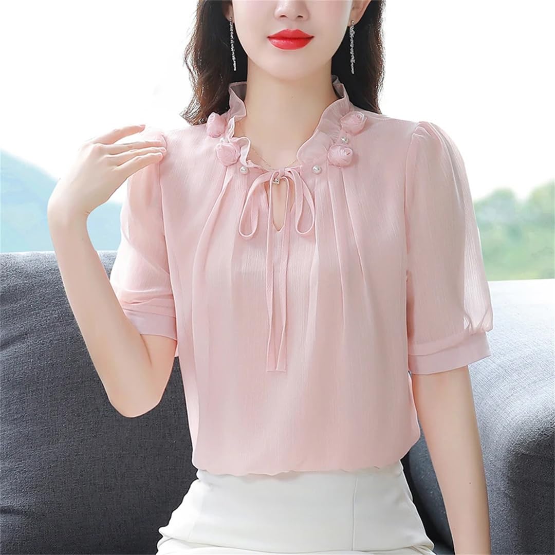 Camicia da donna in chiffon a maniche corte con colletto a petalo papillon sciolto casual pullover camicetta