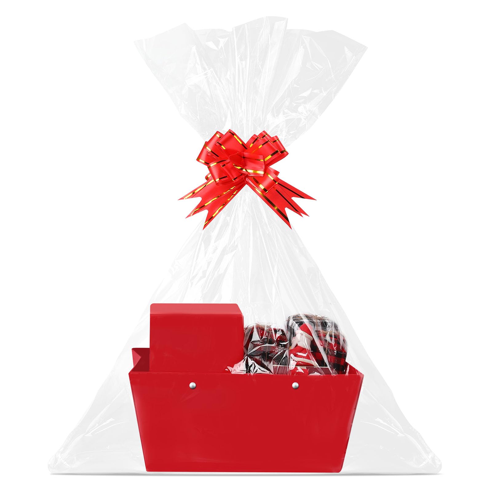 Tuanse 30 Pcs Basket for Gift Empty DIY Bulk Gift Basket Kit with Handle Kraft Cardboard Tray with 30 Bag 30 Bow Market Tray for Wedding Party(Red,9.8