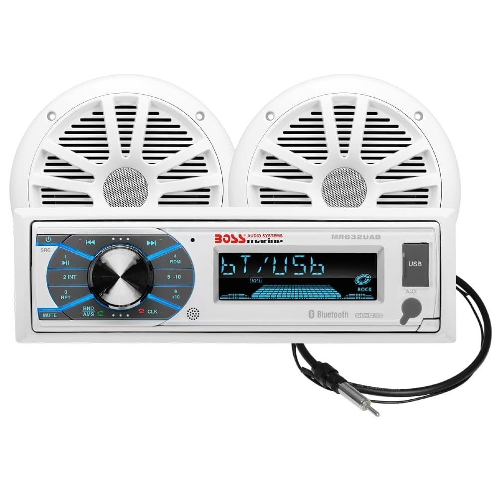 KIT Set Marine FÜR BOSS Audio Systems MCK632WB.6 mit MR632UAB AM/FM-Bluetooth-Stereoempfänger, einem Paar MR6W-Lautsprechern, 90 Watt RMS, 180 Watt max., MRANT10-Dipolantenne, 1 Kit + Zubehör
