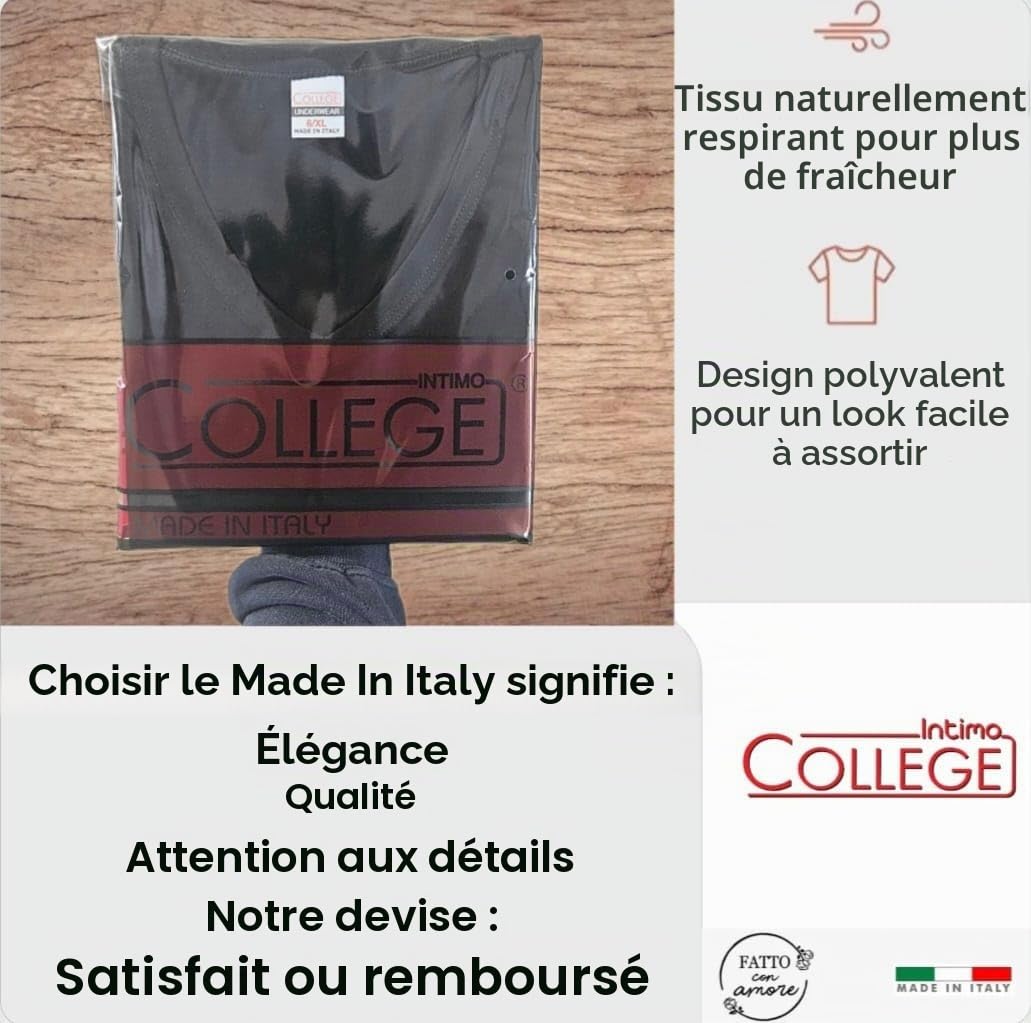 5/12 T-shirt pour homme en pur 100 % coton peigné fabriqué en Italie de qualité respirant col en V et col rond