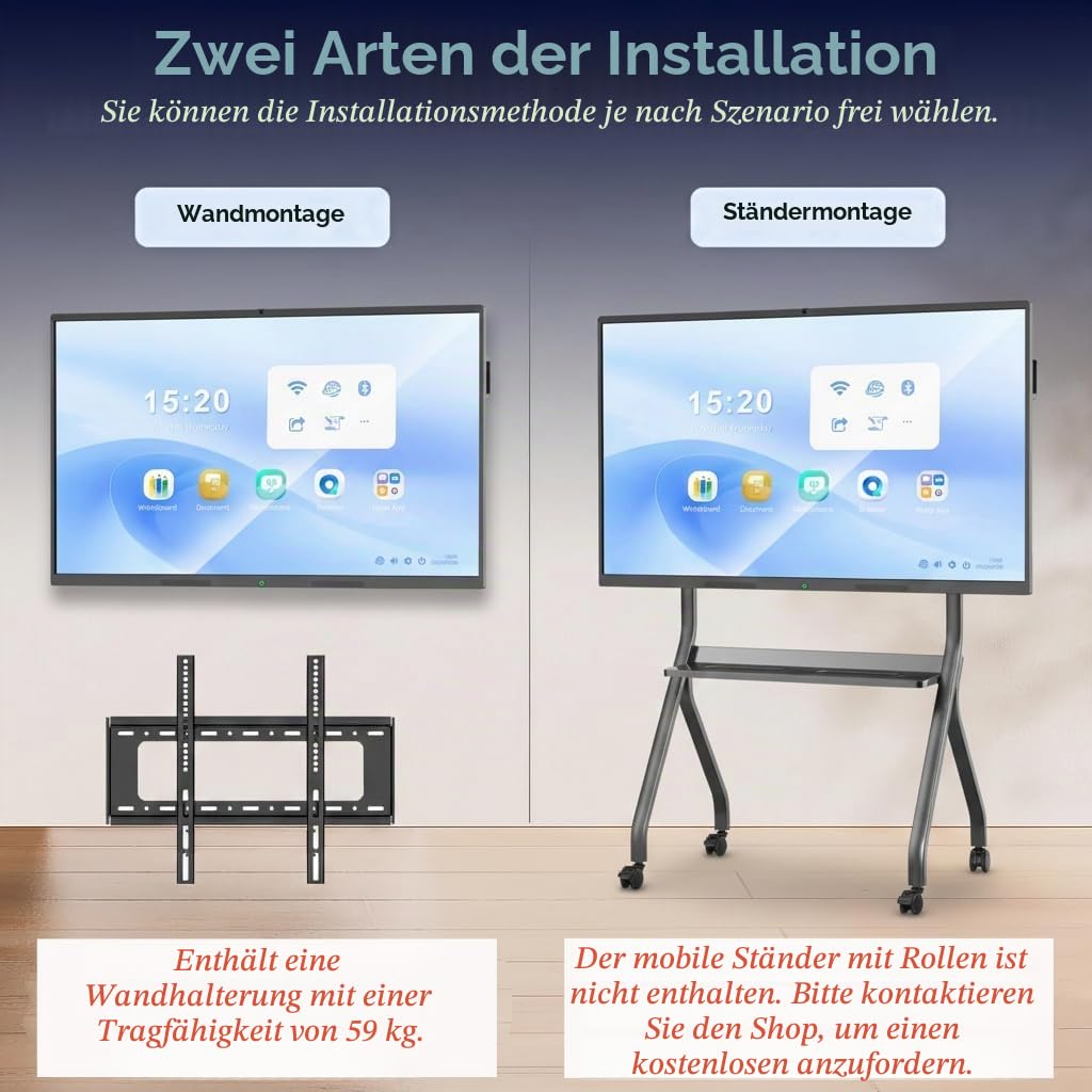 MWE 4K Touchscreen Interaktives Whiteboard • Wireless Screen Mirroring • 20-Punkt IR Touch, 75 Zoll Smartboard, Elektronisch Whiteboard • 13MP High Definition Kamera Für Büro, Schule(Wandhalterung)