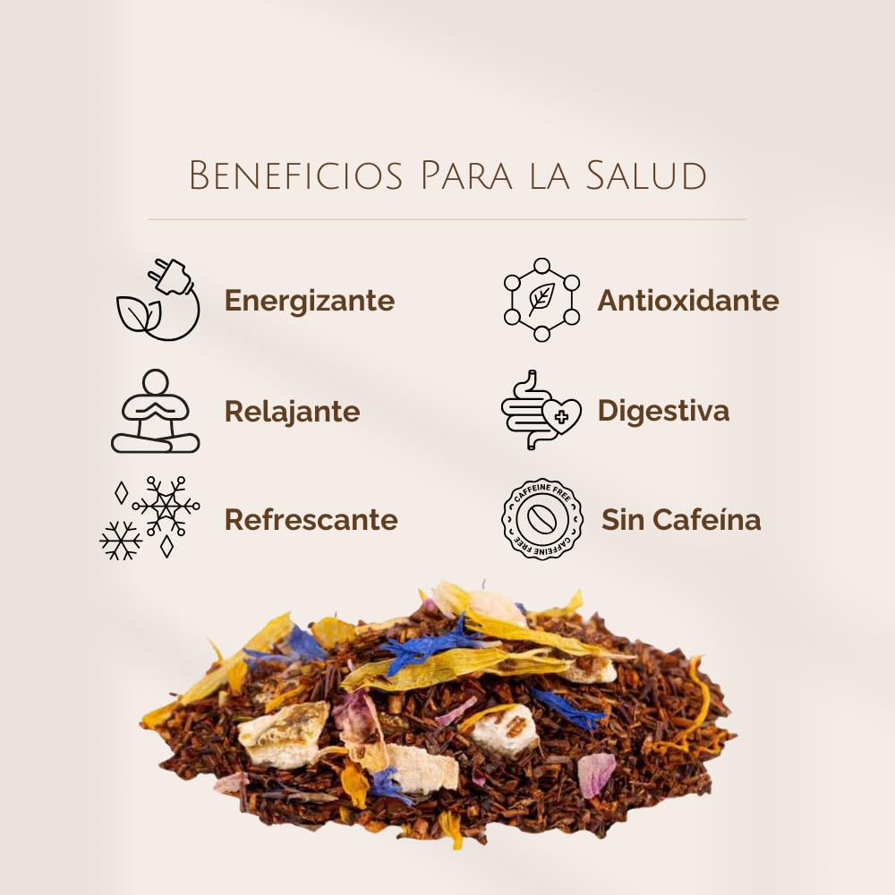 Rooibos de Frutas Exóticas y Vainilla a Granel 100 Gramos - Cultivo Sostenible - Ingredientes Naturales: Aciano, Albaricoque, Caléndula, Mango, Miel, Naranja, Papaya, Pimienta, Plátano, Vainilla.