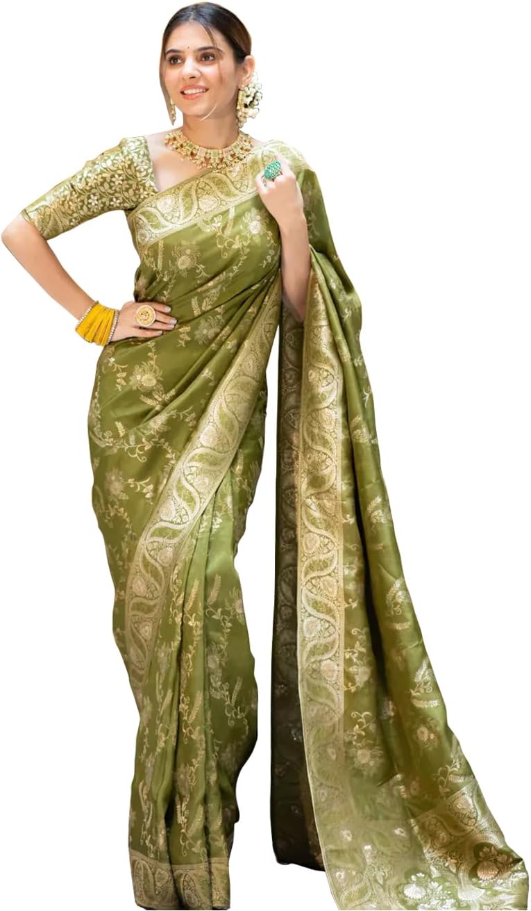 SugathariWomen's Banarasi Saree Pure Kanjivaram Silk Soft new ladies 2024 Design Wear Pattu Sarees Latest Cotton Party Sari collections With Blouse Piece for Wedding sadi (P-196)