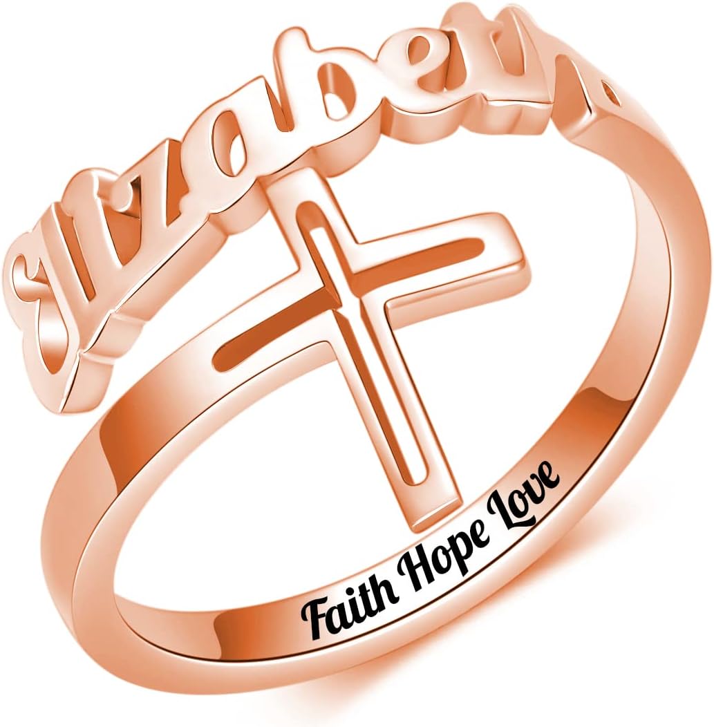 Cross Ring with Personalized Name Adjustable Open Name Plate Custom Ring Gift for Women Teen Girl