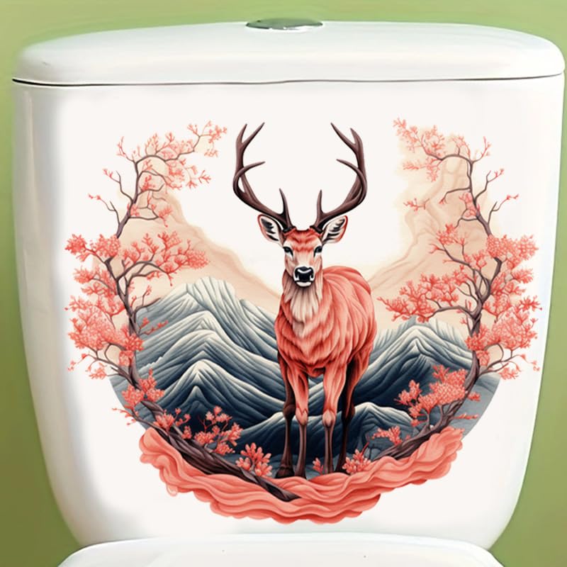 Colorful Deer Flower Toilet Cover Sticker Decals,Fish Bird Flower Leaf Waterproof Toilet Lid Tank Seat Decals Cistern Self-Adhesive Bathroom Wall Sticker