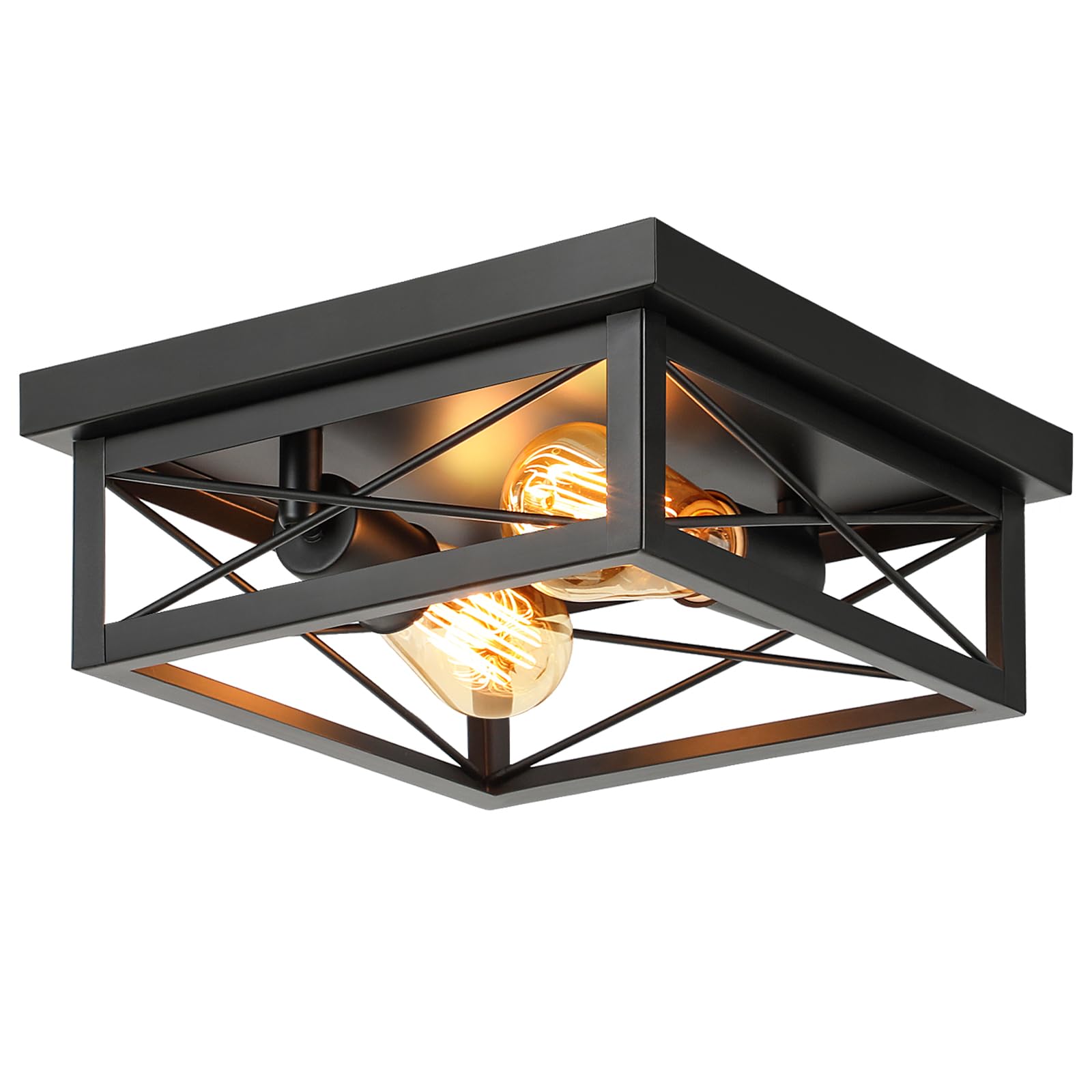 2-Light Farmhouse Ceiling Light Fixture, Industrial Square Flush Mount Ceiling Light, Modern Black Metal Hallway Ceiling Lighting Fixture for Kitchen Entryway Living Room Bathroom Porch