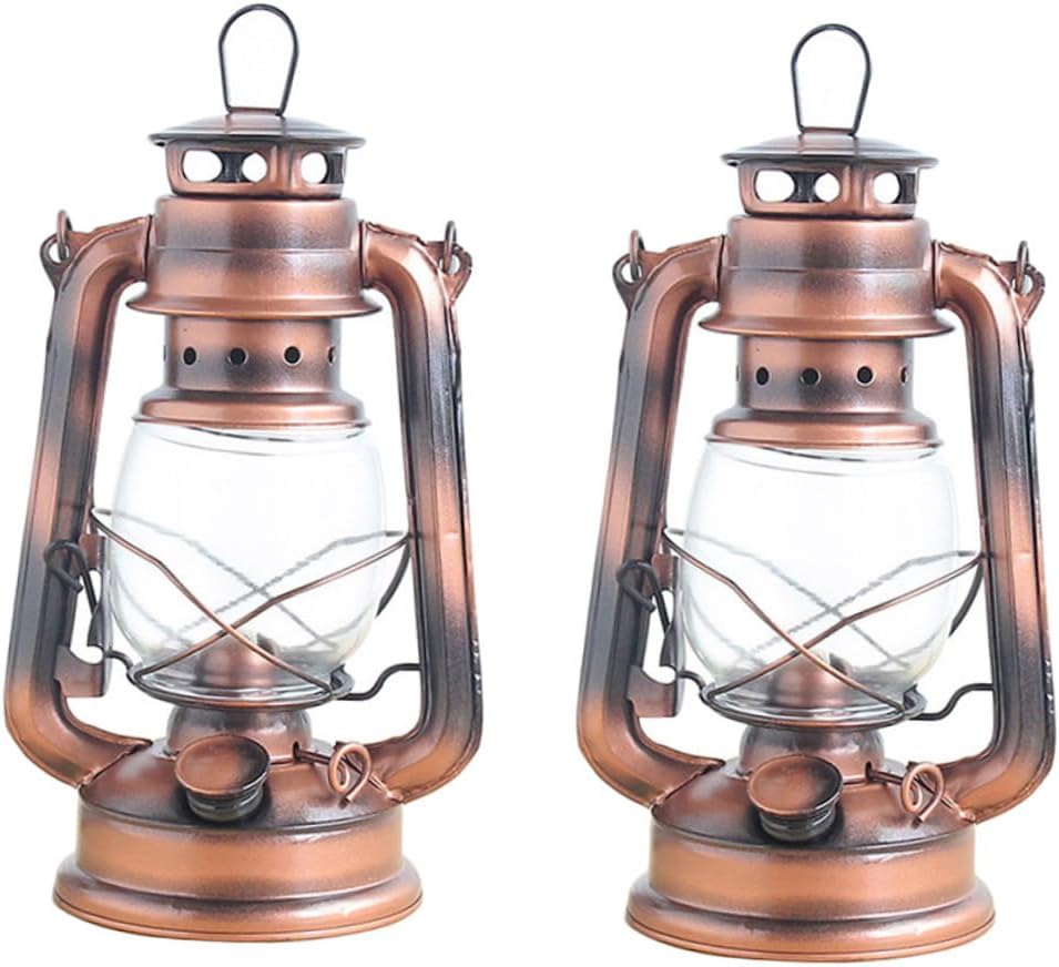 ABOOFAN 2pcs Vintage Iron Oil Lamp Crafts Warm Light Portable Kerosene Lamp Glass Cover for Home Decor Gifts