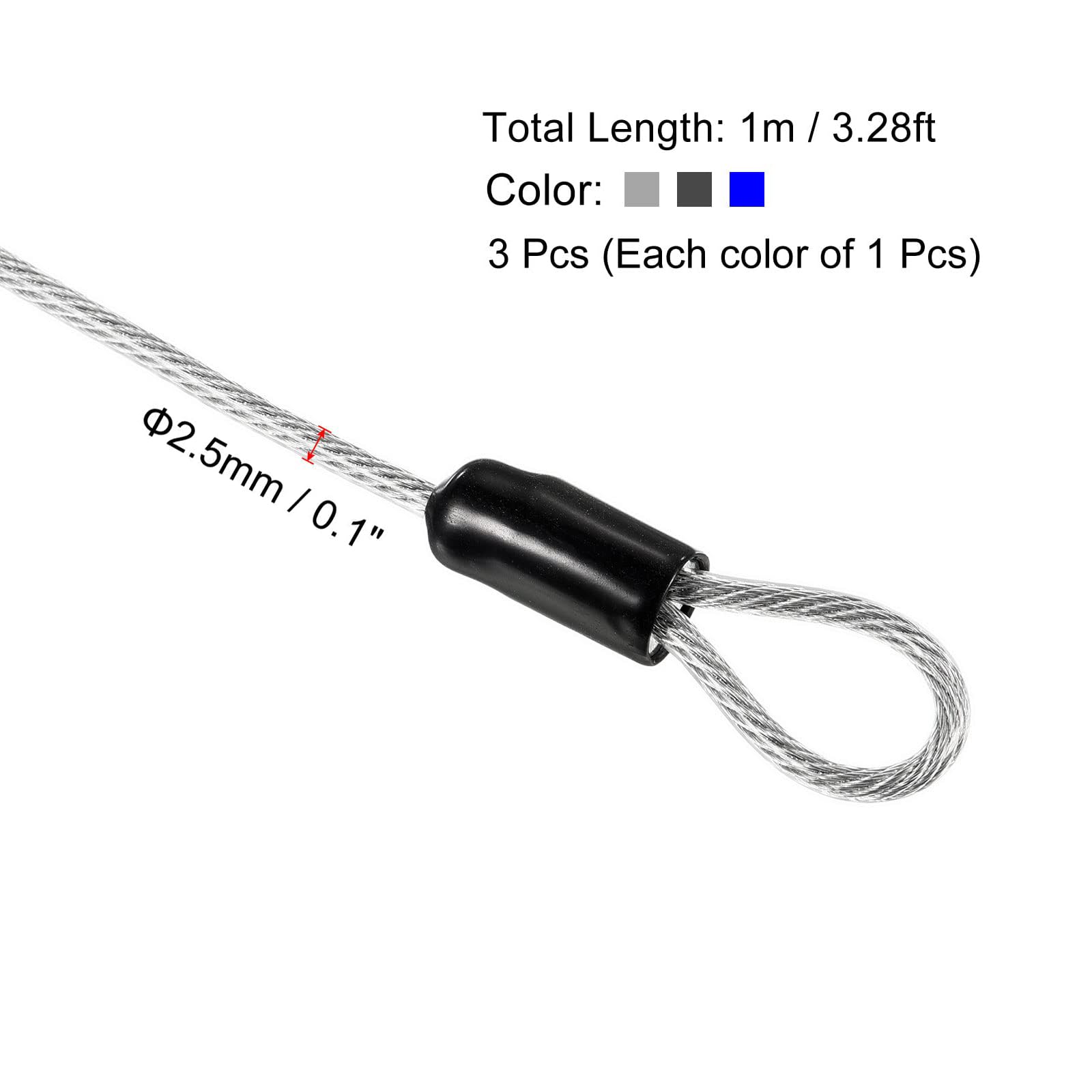 TA-VIGOR 3Pcs Security Steel Cable, 2.5mm x 1m / 3.28ft Coated Safety Wire Rope with Double Loop - Image 2