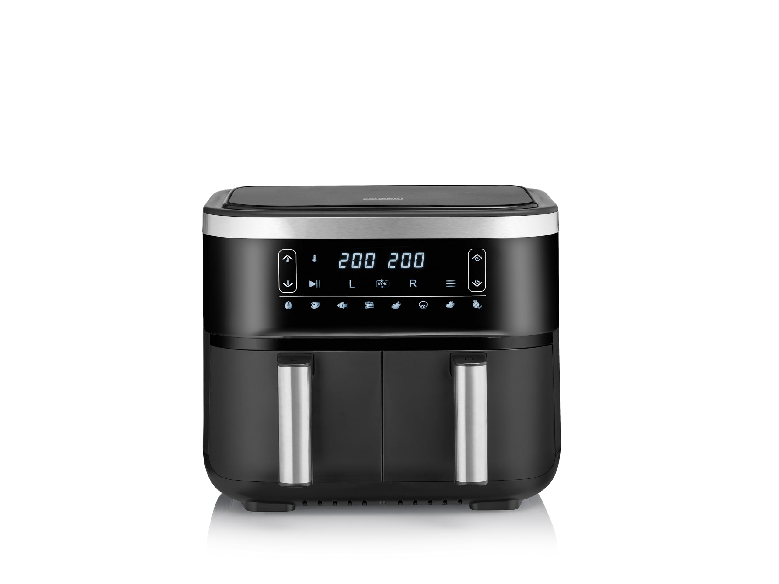 SEVERIN Doppel Heißluftfritteuse mit 2 x 3,8 L Garraum, XXL Heißluftfritteuse für gesundes Kochen, 8 Automatik-Programme, Fritteuse ohne Fett mit Dörrfunktion, 2850 W, schwarz/silber, FR 2453