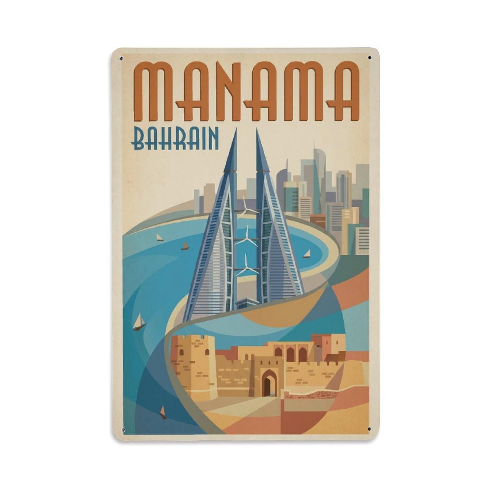 Vintage Travel Bahrain Manama Metal Tin Sign Plaque Wall Decor for Cafe, Club Bar, Office, Garden Metal Poster 8x12Inch