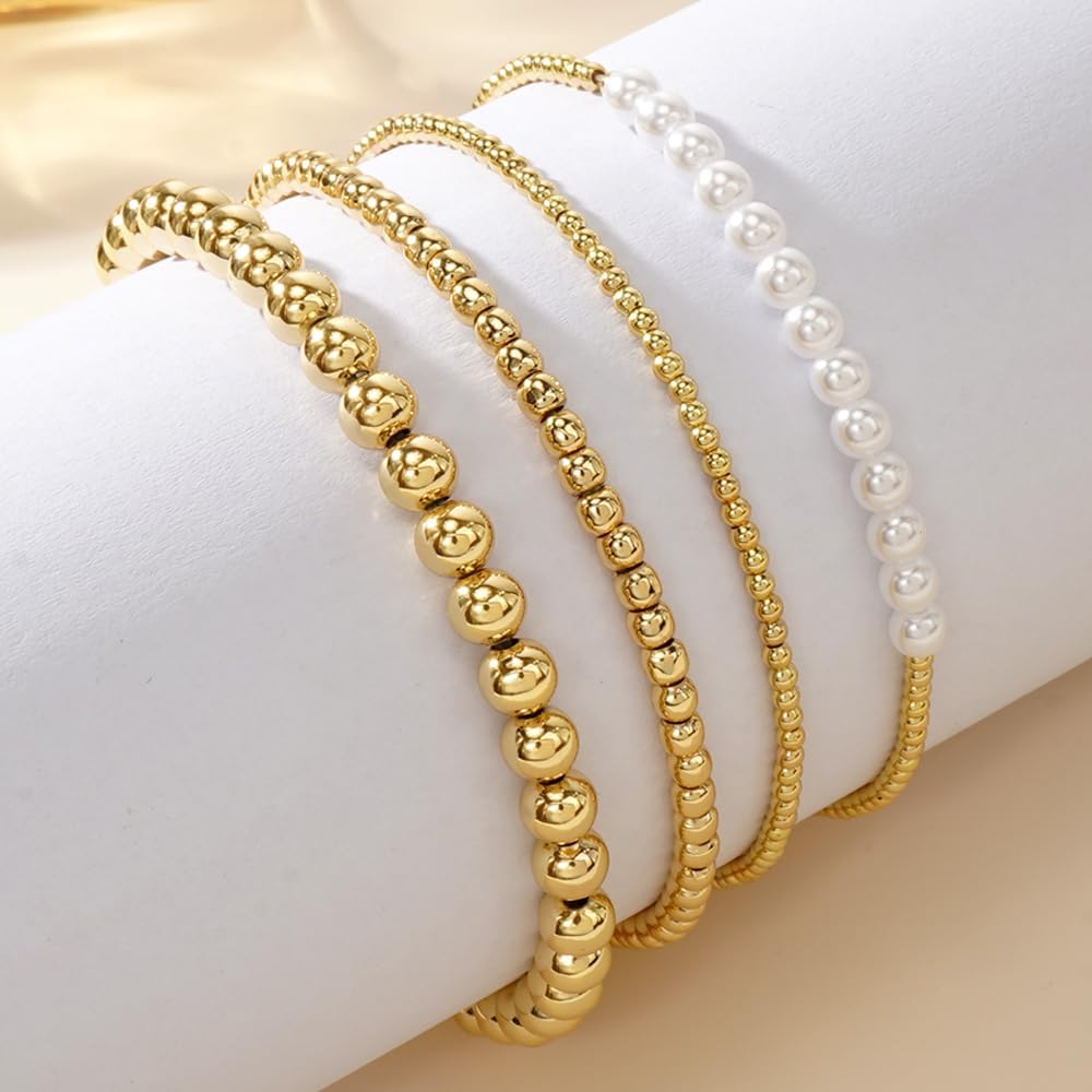 Gold Plated Beaded Pearl Bracelet Stack for Women,Dainty Stretch Gold Non Tarnish Stackable Bracelets Fashion Prom Party Accessories Jewelry Gift Friendship - Image 6