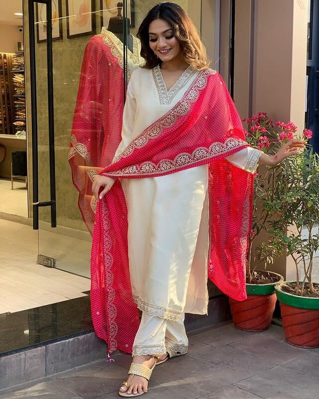 Image of Shiv Textiles Women's Chanderi Silk Embroidered Kurta Pant Dupatta Set(JDA-PANCHHI-OFFWHITE-M)