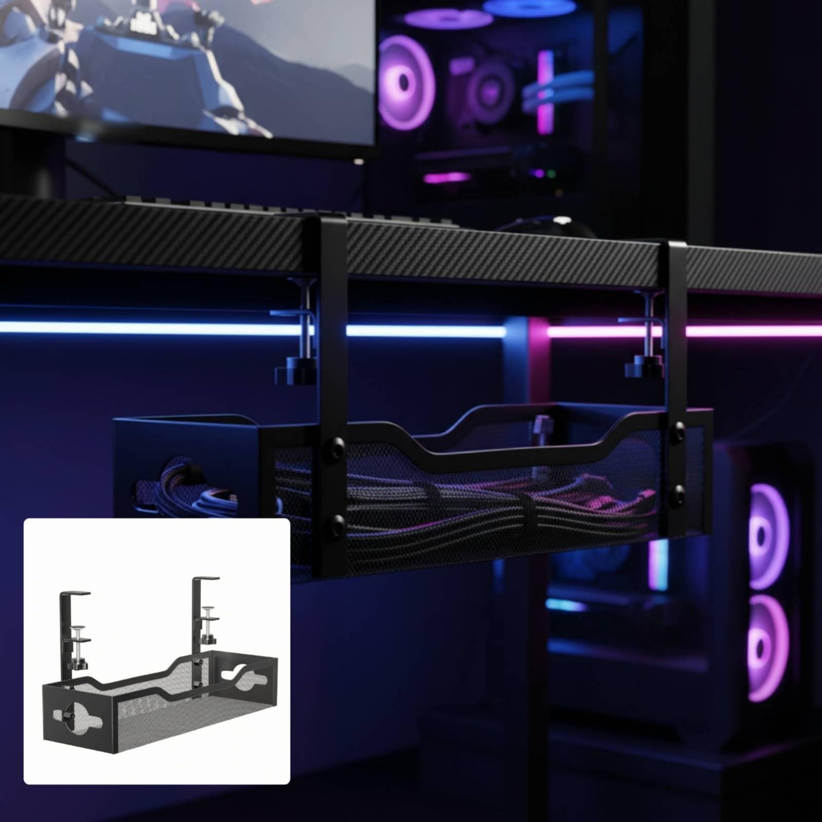Desktop Cable Organizer Vassoio Cavi Sottoscrivania Portaciabatte Portacavi Portafili in Acciaio al Carbonio a Morsetto Senza Viti per Gestione Cavi, Bianco, Versione Migliorata