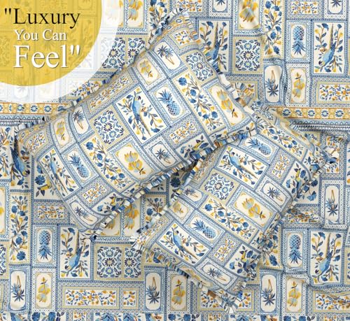 Image of SANMARINO Premium Cloud Cotton 360 Fitted King Bedsheet with 2 Pillow Covers | 300 TC Soft Fabric | Deep Pocket Elasticated Bed Sheet (78 x 72 + 10 Inches) (Mediterranean Indigo)