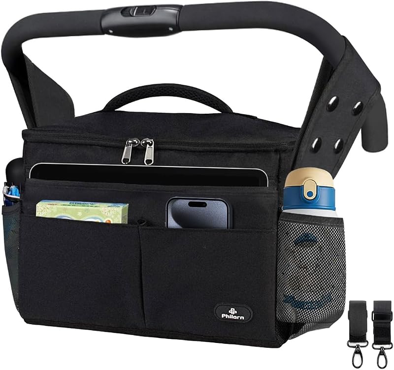 PHILORN Organizer per passeggino con portabevande isolato, tracolla, grande capacitĂ , universale per passeggino, borsa fasciatoio, borsa per passeggino, organizer per bambini, Nero