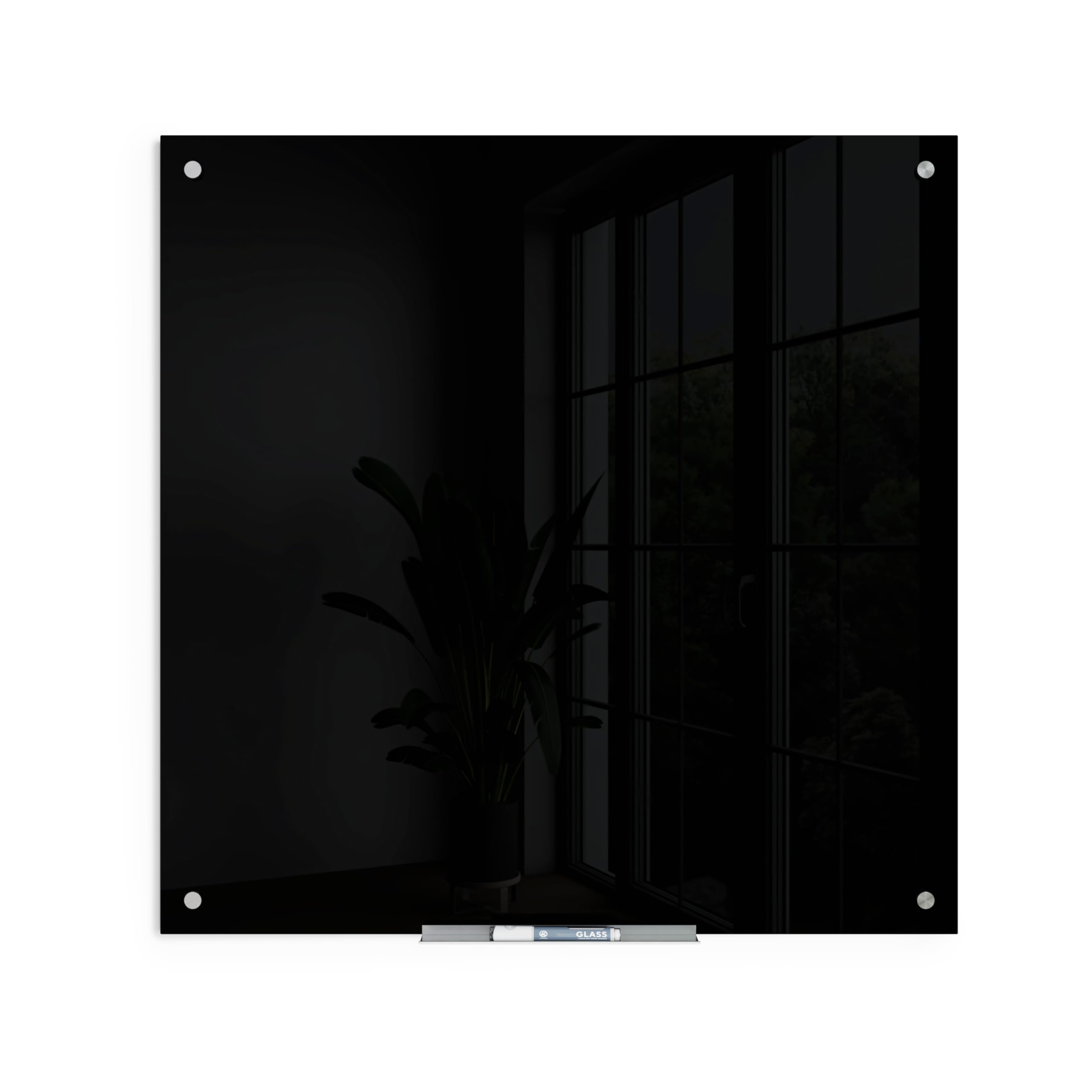 U Brands Glass Whiteboard, Premium Dry Wipe Board 89x89 cm with Black Frameless Surface and Silver Grommets, Includes Marker with Eraser and Tray, Large Wall Board for Office, Home, School