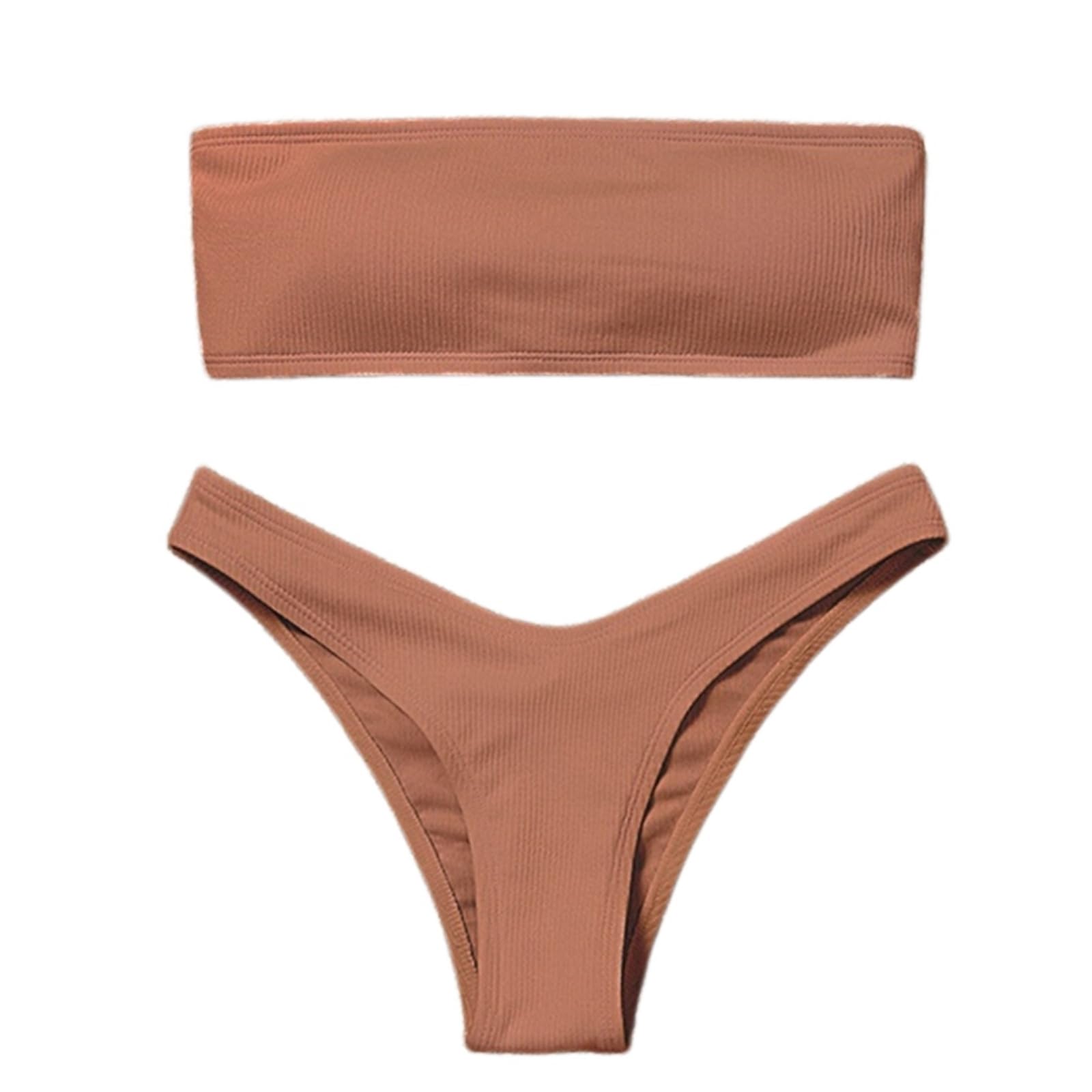 Bikini Donna Donne Textured Bandeau Set Alta Taglio Due Pezzi Costume da Bagno Abbigliamento Spiaggia-Pink-s