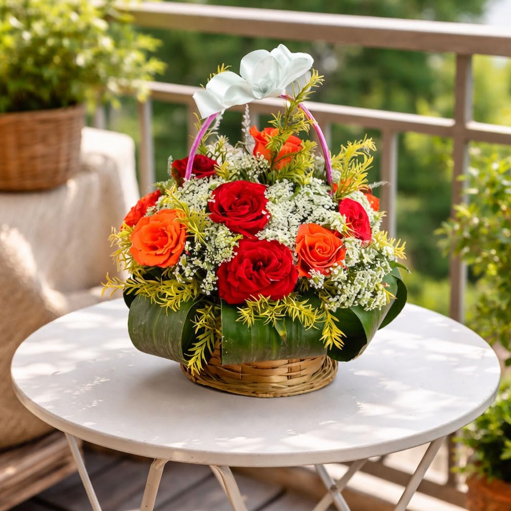 Classic 15 Mixed Roses Fresh Flowers Basket with Handle for Birthday Gift Wrapping Paper, Mother's Day Gift, Fresh Bouquet for Love, Valentine's Day Real Red Bunch (Pack of 1) Same day Delivery