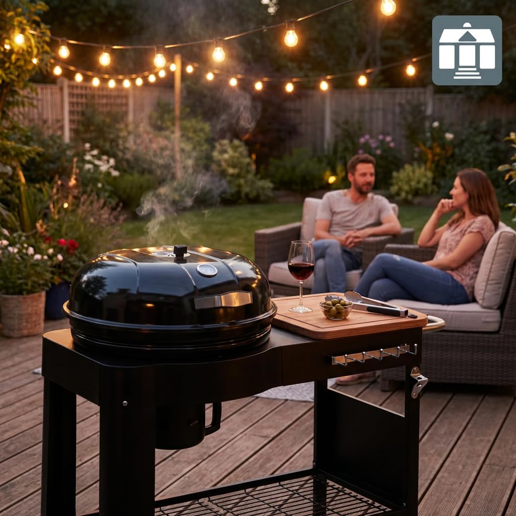 Tarrington House Barbecue au Charbon de Bois Calgary, Acier/Bois, Couvercle avec Thermomètre, Tablette latérale, Étagère Inférieure, 2 Roues, Noir