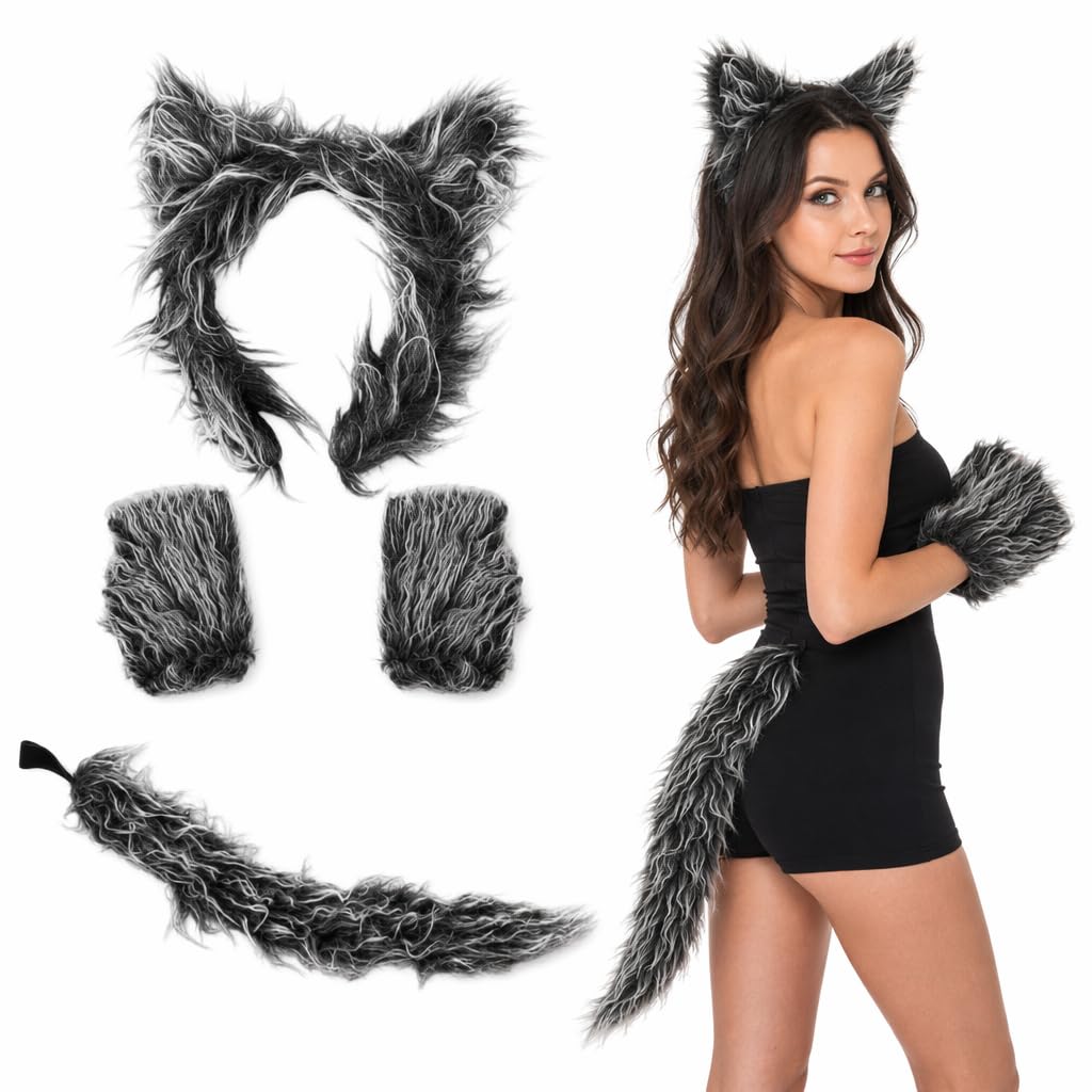 WNXBFO 4Pcs Wolf Costume Set, Ears and Tail with Gloves