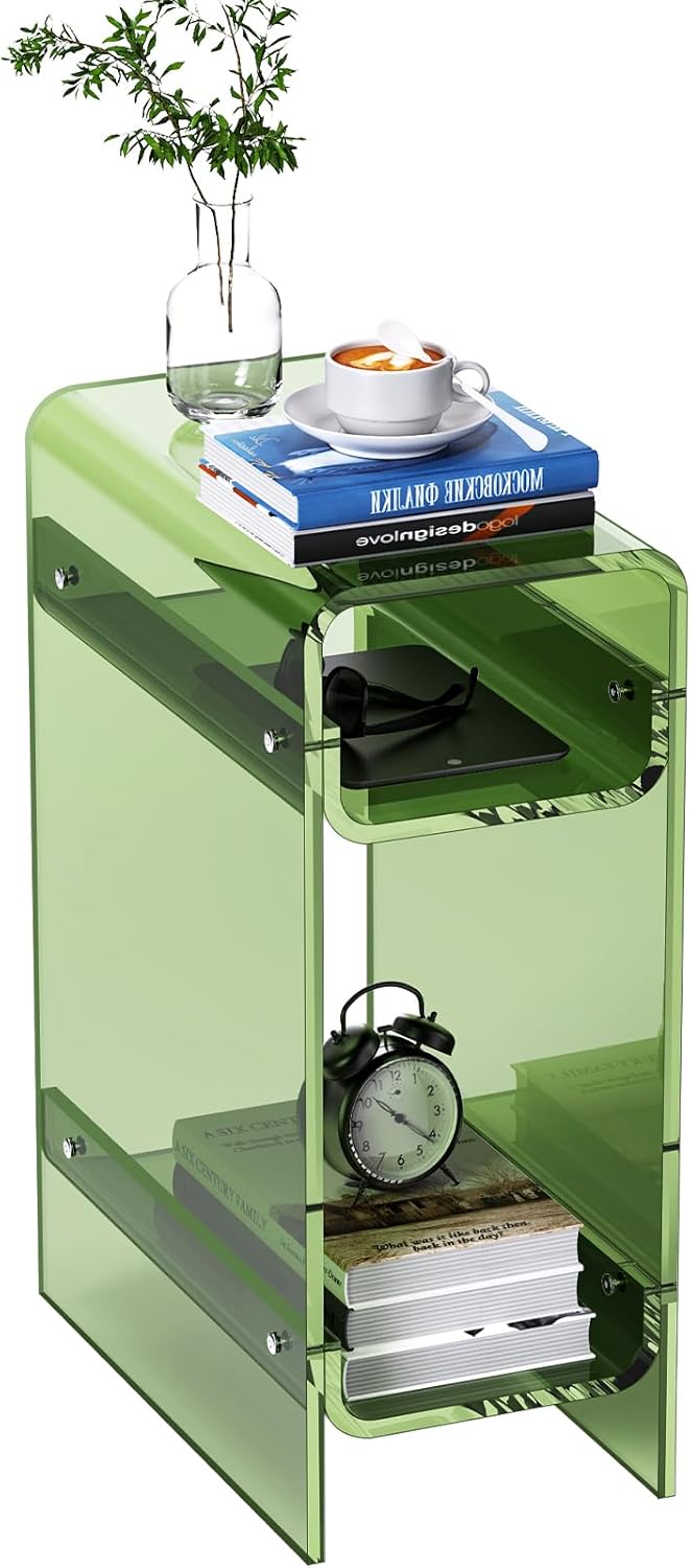 Clear Acrylic Side Table, Narrow Nightstand Bedside Table for Bedroom, Skinny Small End Table (Green, 8.7'' x 15.7'' x 21.7")