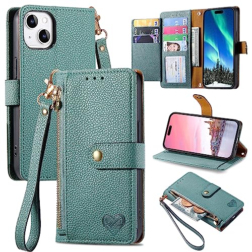 VEEMOS Zipper Wallet Case for Apple iPhone 13 Mini Phone Case with Purse Card Holders RFID Blocking Leather Flip Case Book Cover Wrist Strap Women - Green VEEMOS Zipper Wallet Case for Apple iPhone 13 Mini Phone Case with Purse Card Holders RFID Blocking Leather Flip Case Book Cover Wrist Strap Women - Green