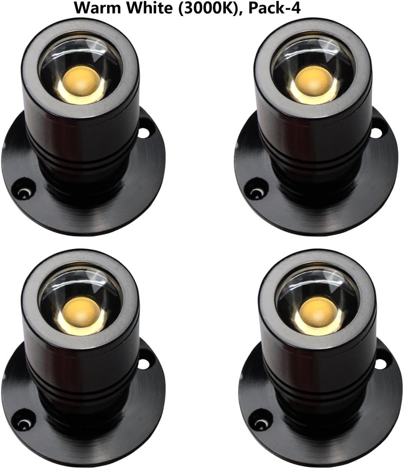 iPHD Adjustable LED 1W Mini Spoltlight Jewelry Showcase Display Lighting Fixture Surface Mount Warm White 3000K Pack-4 (Black)