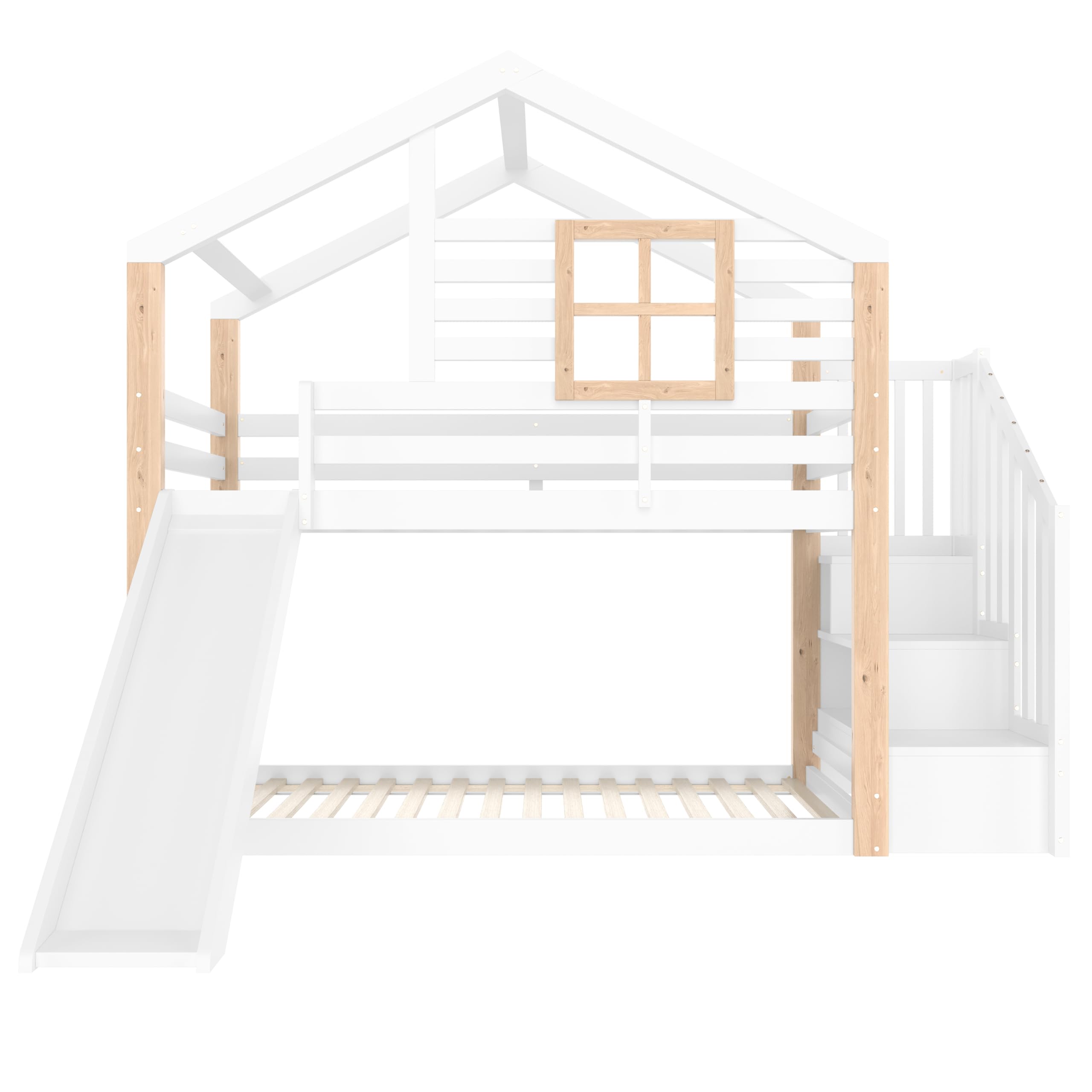 Etagenbett Kinder 90x200cm, Kinderbett mit Rutsche und Treppe, Jugendbett mit Geländer & Stauraum, Stabil & Sicher, Stockbett für Geschwister, EN 747-1:2024 Zertifiziert, Weiß(Ohne Matratze)
