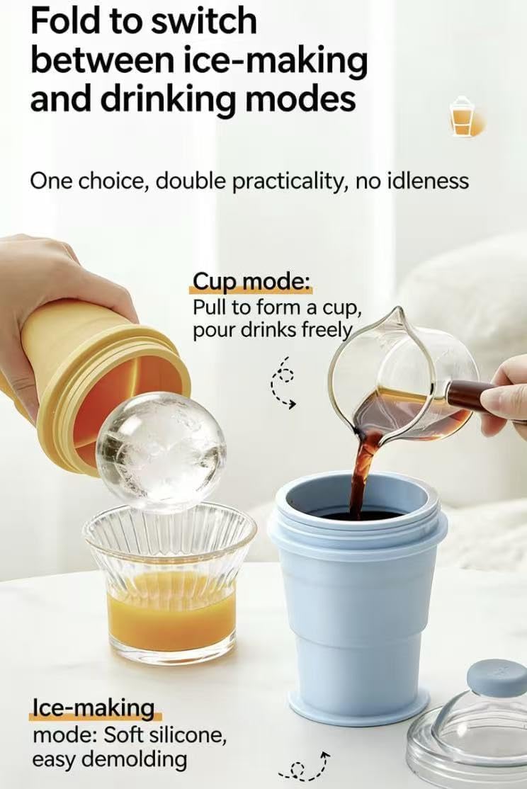 2-in-1 Collapsible Silicone Ice Ball Maker Cup, Reusable Portable Ice Sphere Mold with Straw & Lid, Easy Demolding, Leakproof Travel Tumbler for Coffee, Juice, Home, Gym, Outdoor (A+B)
