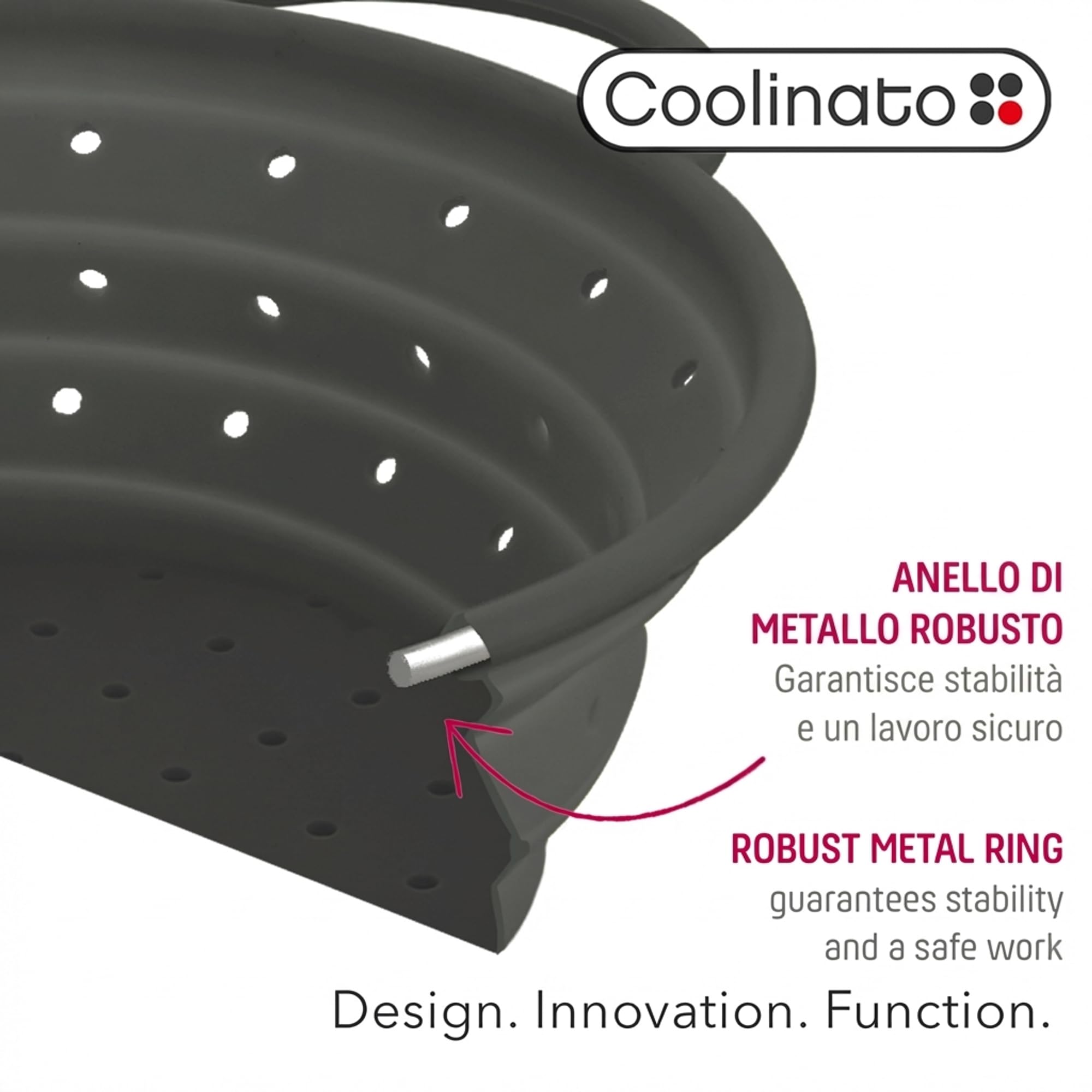 Coolinato – Scolapasta silicone pieghevole 20 cm grigio – Colino per pasta, verdura e frutta - Colapasta per lavastoviglie, senza BPA e termoresistente fino a 230°C - Setaccio salvaspazio richiudibile