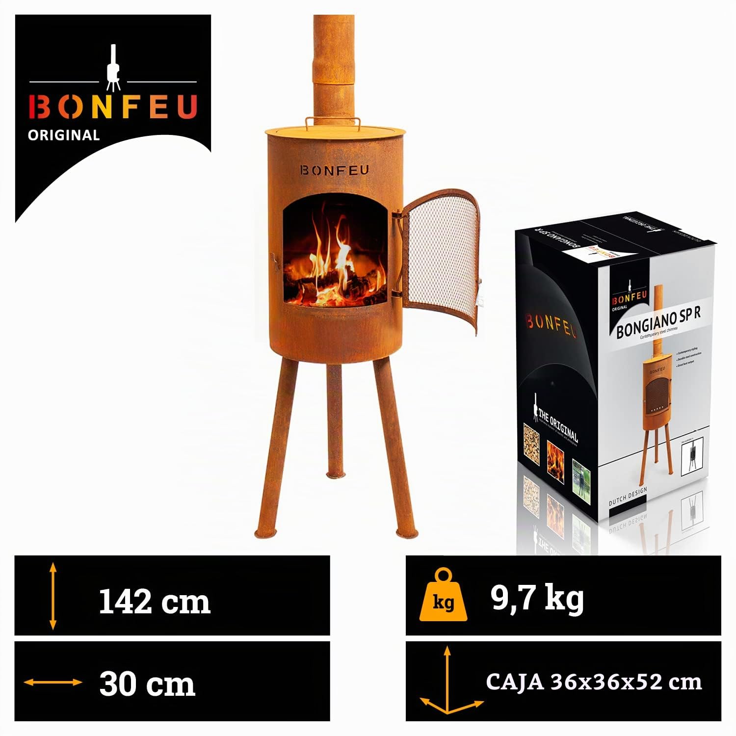 BonFeu BonGiano SP Óxido - Estufa de Leña Exterior - Chiminea Exterior - 30x30x142 cm