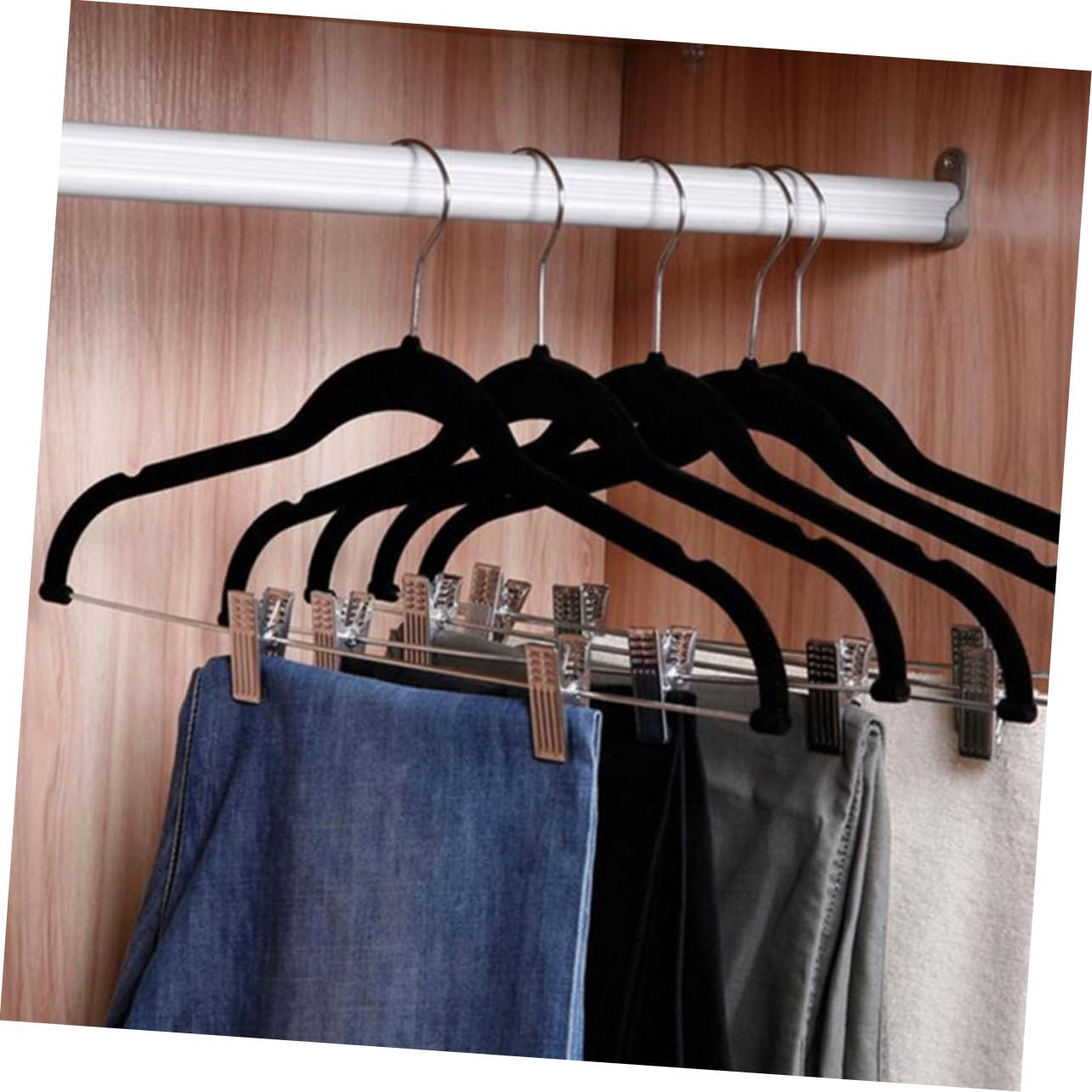 Kleiderbügel mit Clips 8 Stück, Schwarz, aus Abs und Samt