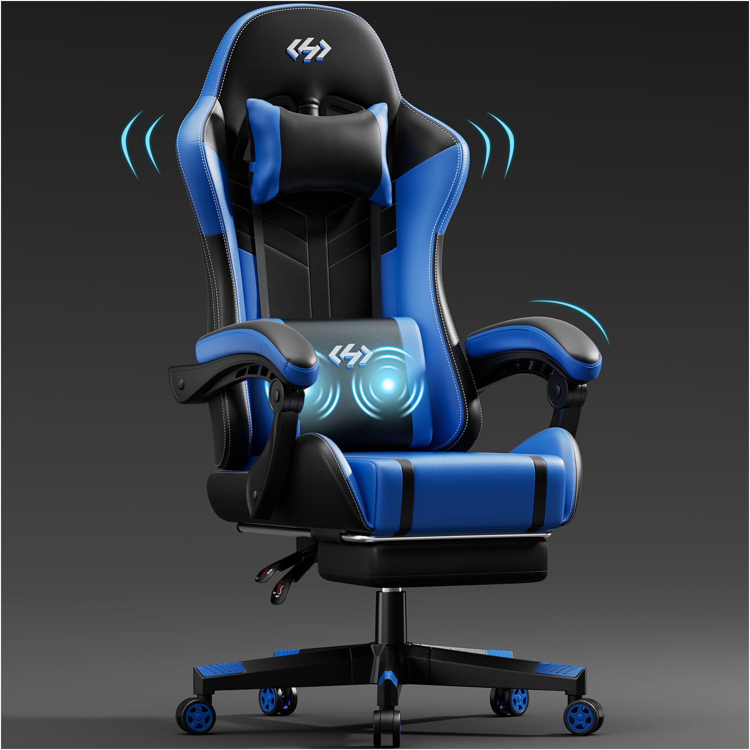 Silla Gaming con Masajeador, Silla Gamer Ergonómica con Cojín Lumbar Masajeador y Reposapiés, Sillón Gamer Altura Ajustable, Cadeira Gaming Negro y Azul