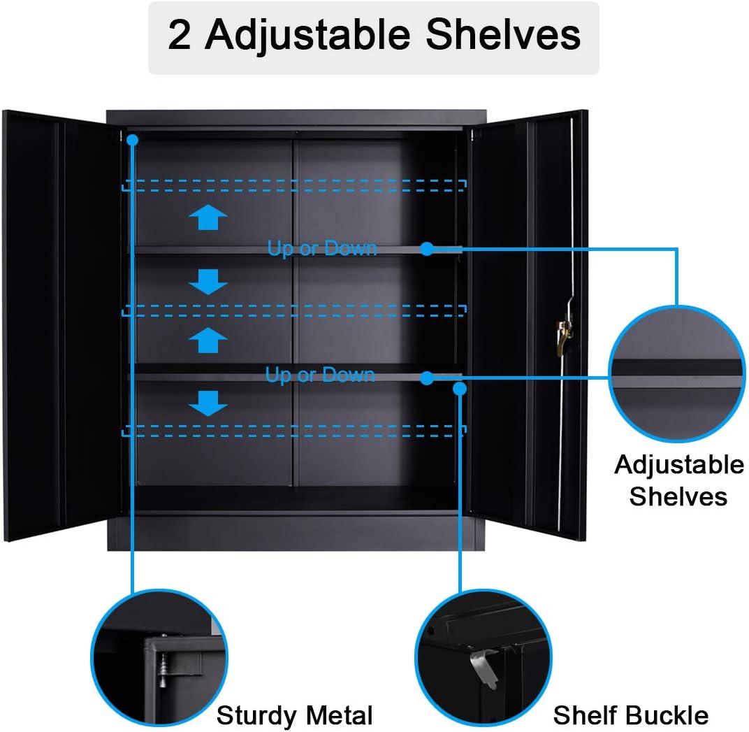 Get Discount 70% Price Full Metal Storage Cabinet with 2 Adjustable Shelves, Large Capacity Cabinet Organizers for Home Office, Utility Cabinet with 2 Doors and Lock, H42 x W36 x D18, Black