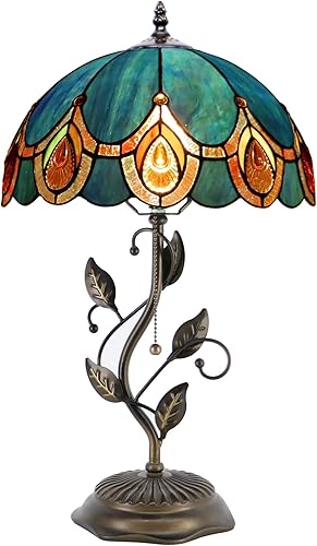Miniatura 9 de Tiffany Lámpara de mesa, lámpara de escritorio estilo vitral, 12 x 12 x 19 pulgadas, luz de lectura de noche, base de hojas de metal (cristal