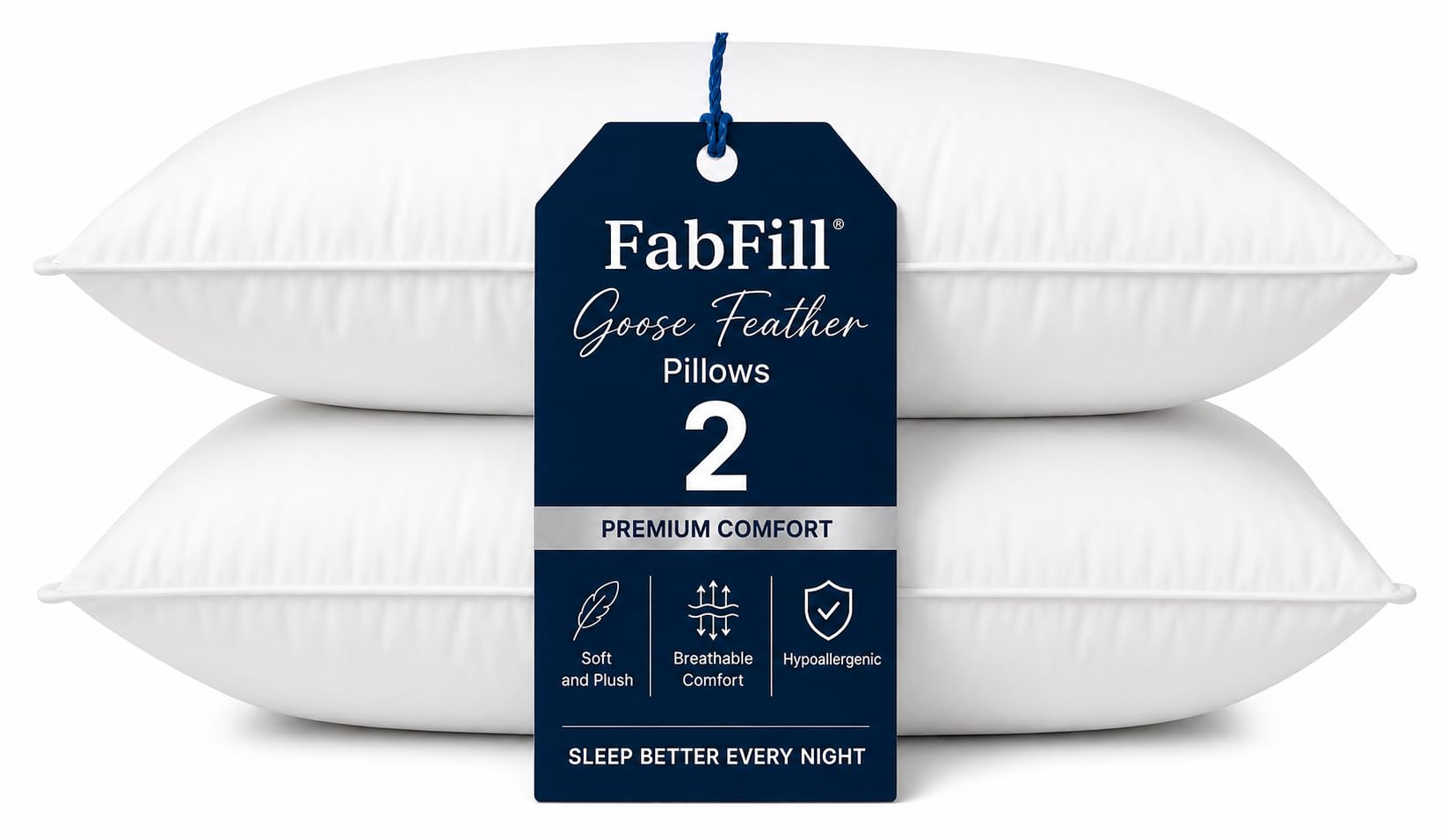 FabFill 1200GSM Goose Feather and Down Pillows 2 Pack, Hotel Quality Feather and Down Pillows, Hypoallergenic, Breathable Microfibre Cover, Goose Down Pillows for Side & Back Sleepers, 48 x 74 cm