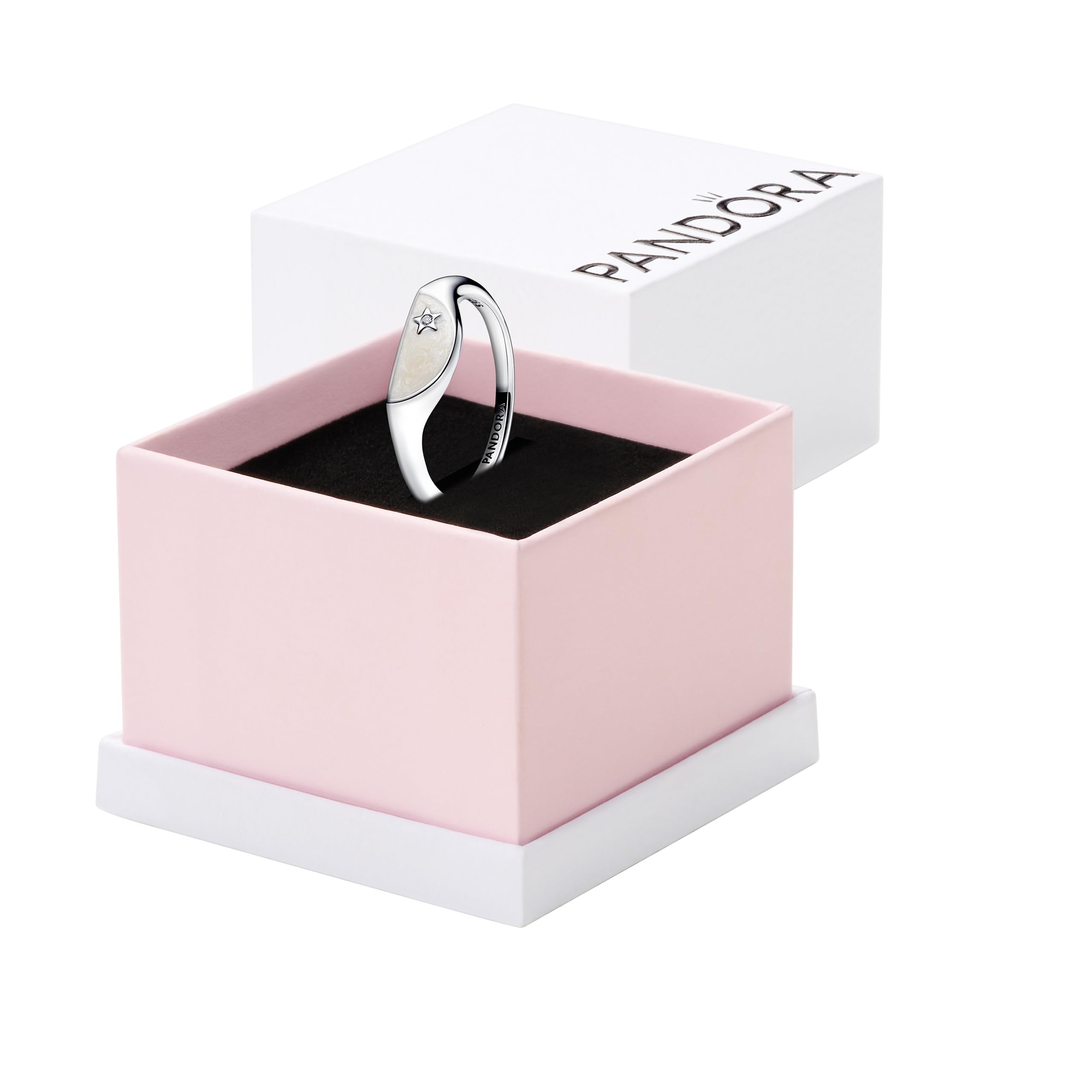PANDORA ME - Anello sigillo in argento sterling, con pietre di zirconia cubica incolori e smalto bianco scintillante