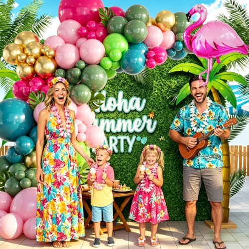 Image of 146Pcs Tropical Flamingo Balloon Arch Garland Kit, Hot Pink Dark Green Light Pink Lake Blue Gold with Flamingo Foil Balloons for Hawaiian Luau Aloha Summer Beach Birthday Party Decorations