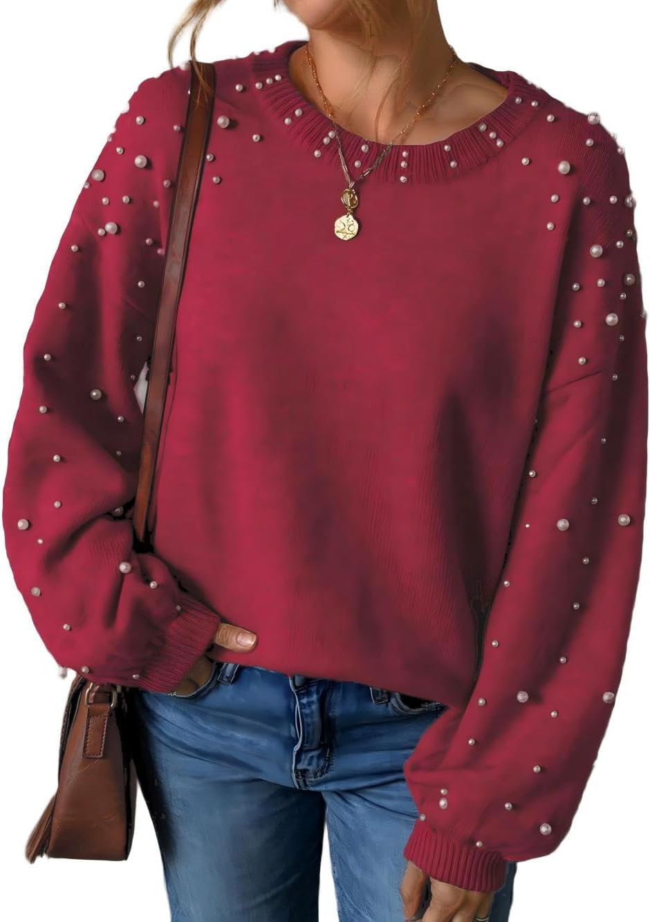 Pearl Sweater for Women Lantern Sleeve Drop Shoulder Crewneck Sweatshirt Knit Chunky Pullover Sweaters with Pearls