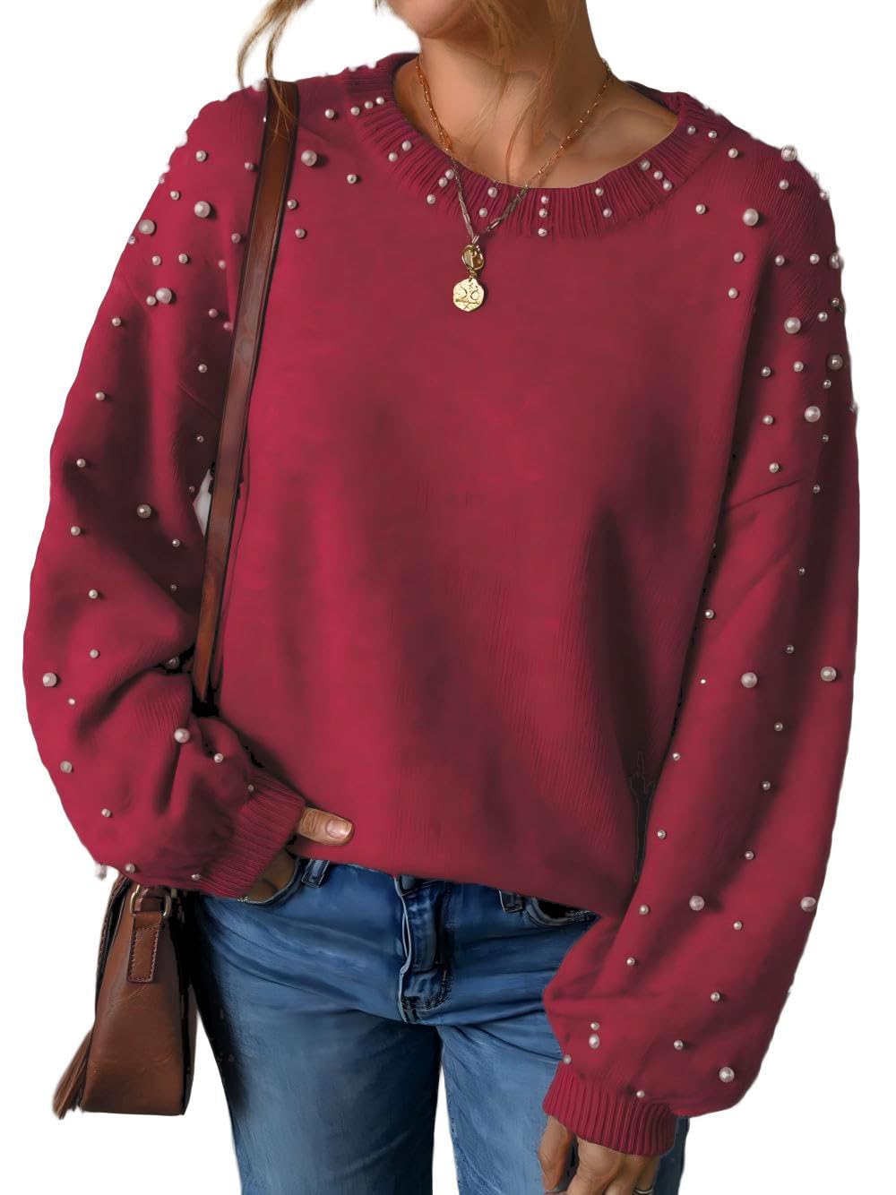 Pearl Sweater for Women Lantern Sleeve Drop Shoulder Crewneck Sweatshirt Knit Chunky Pullover Sweaters with Pearls