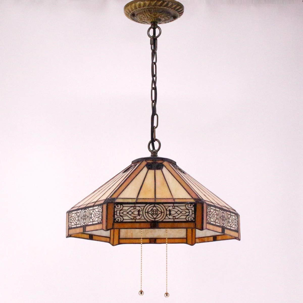 WERFACTORY Tiffany Pendant Light Fixture Yellow Hexagon Stained Glass Mission Hanging Lamp Wide 16 Inch, Height 40 Inch S011 Series