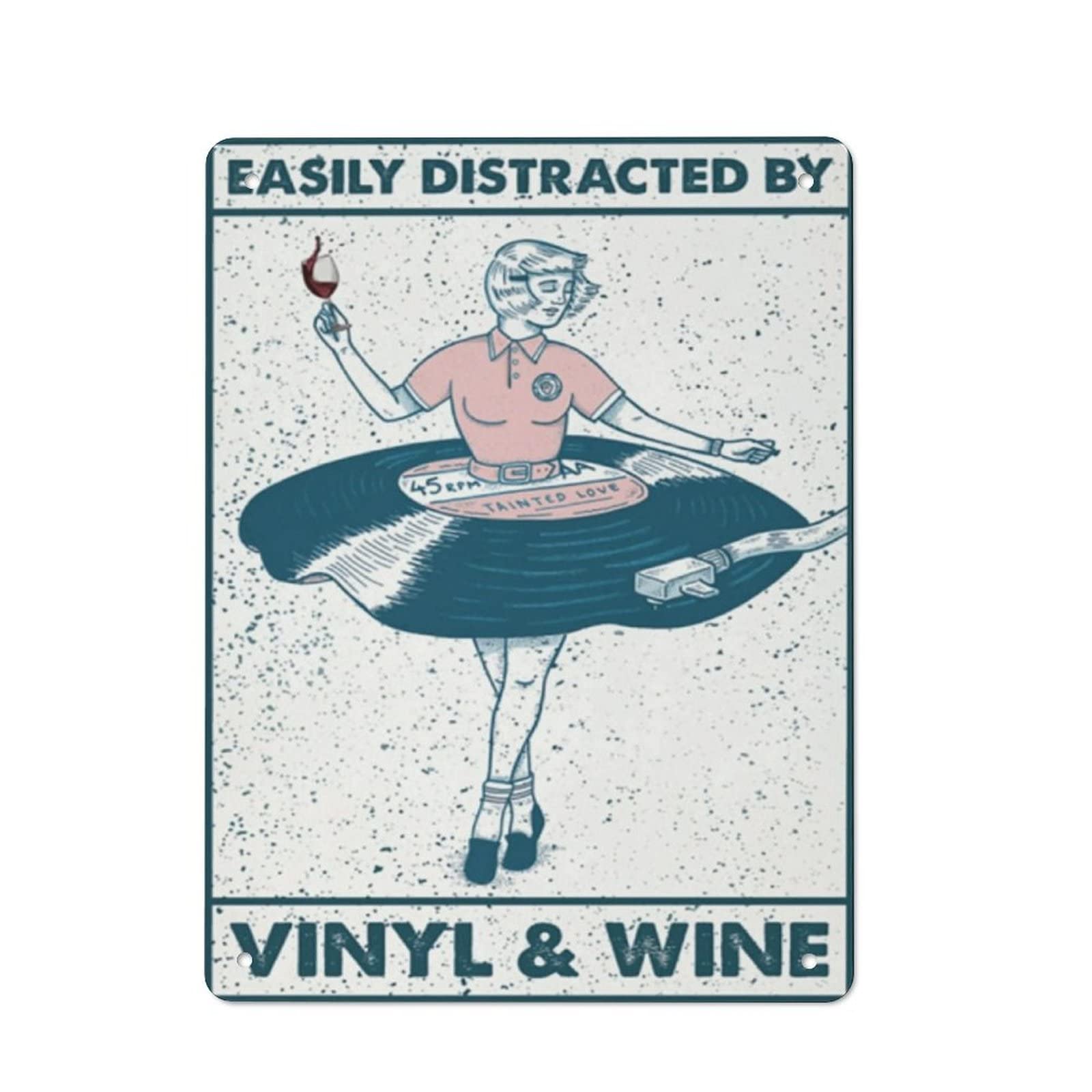 AOOEDM Easily Distracted By Vinyl&Wine Vintage Metal Sign Wall Decor Metal Plaque for Cafe Bar Pub Home Beer Retro Poster 16x12 Inch