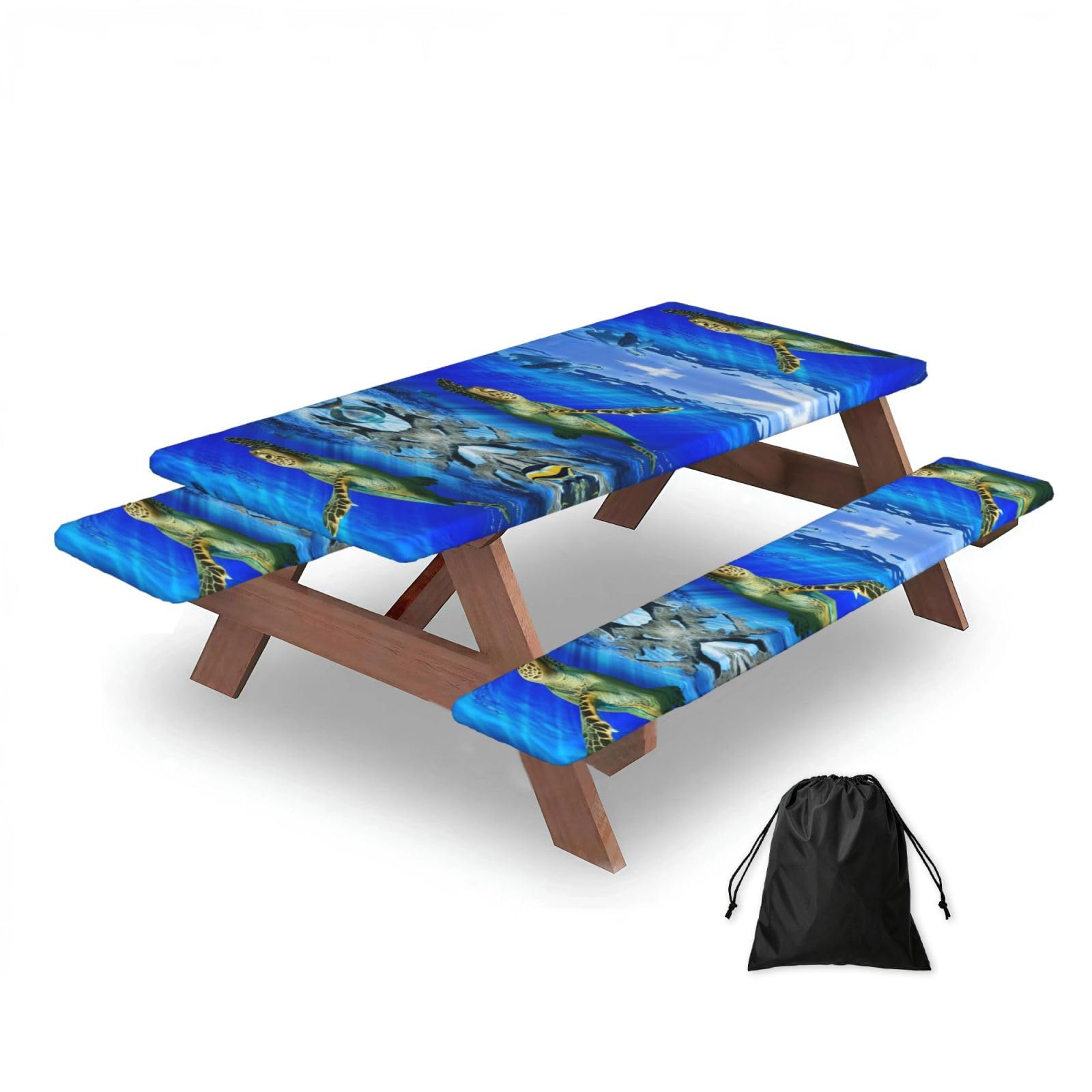 ESNAIUVCD Turtle Print Picnic Table Cover With Bench Covers,Camping Essentials,Fitted Tablecloth Cover With Elastic Edge, For Indoor & Outdoor 3 Pcs
