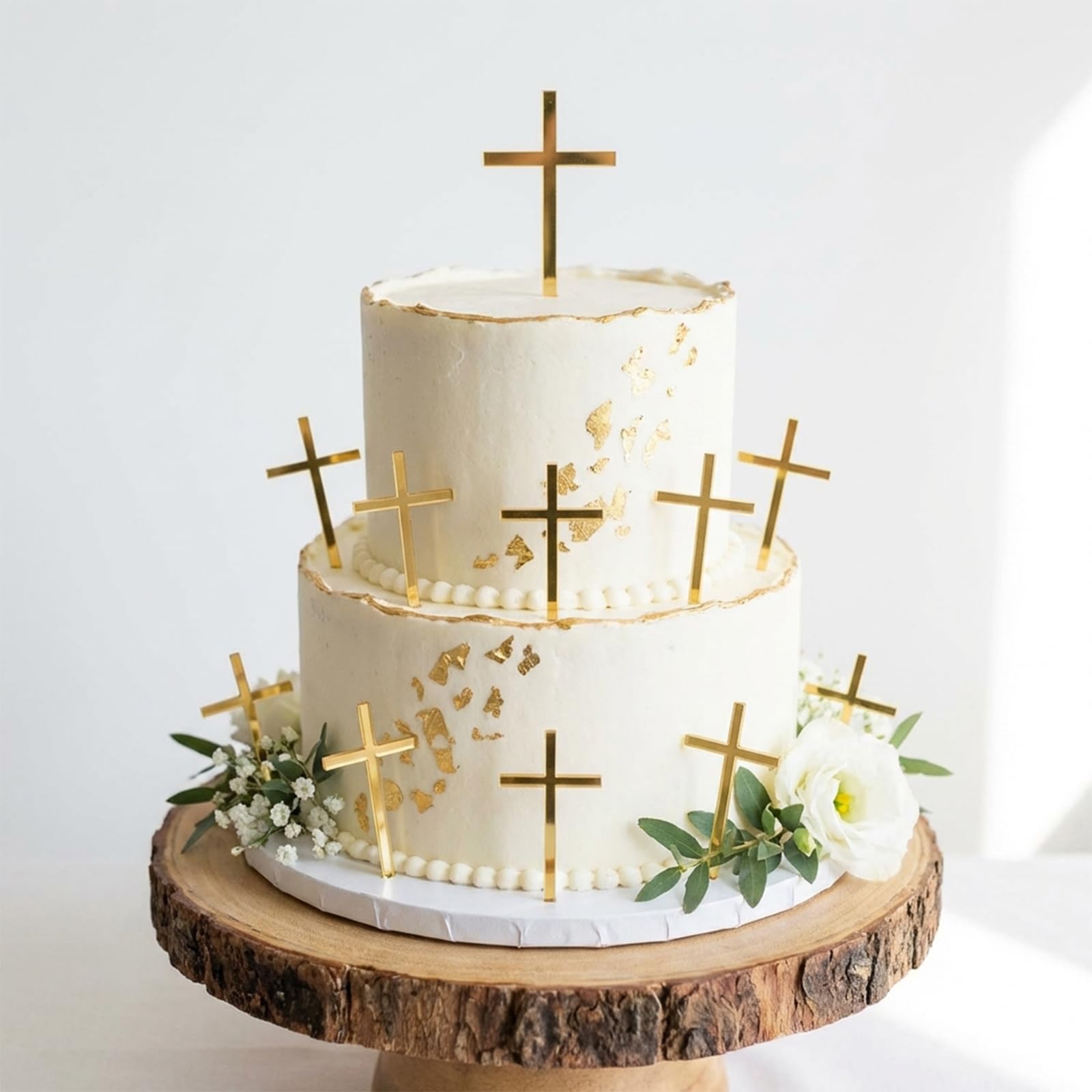 15 PCS Cross Baptism Cake Topper 2.76"x3.94" Gold Acrylic First Communion Cake Decorations for Mi Bautizo, Christian Cupcake Toppers