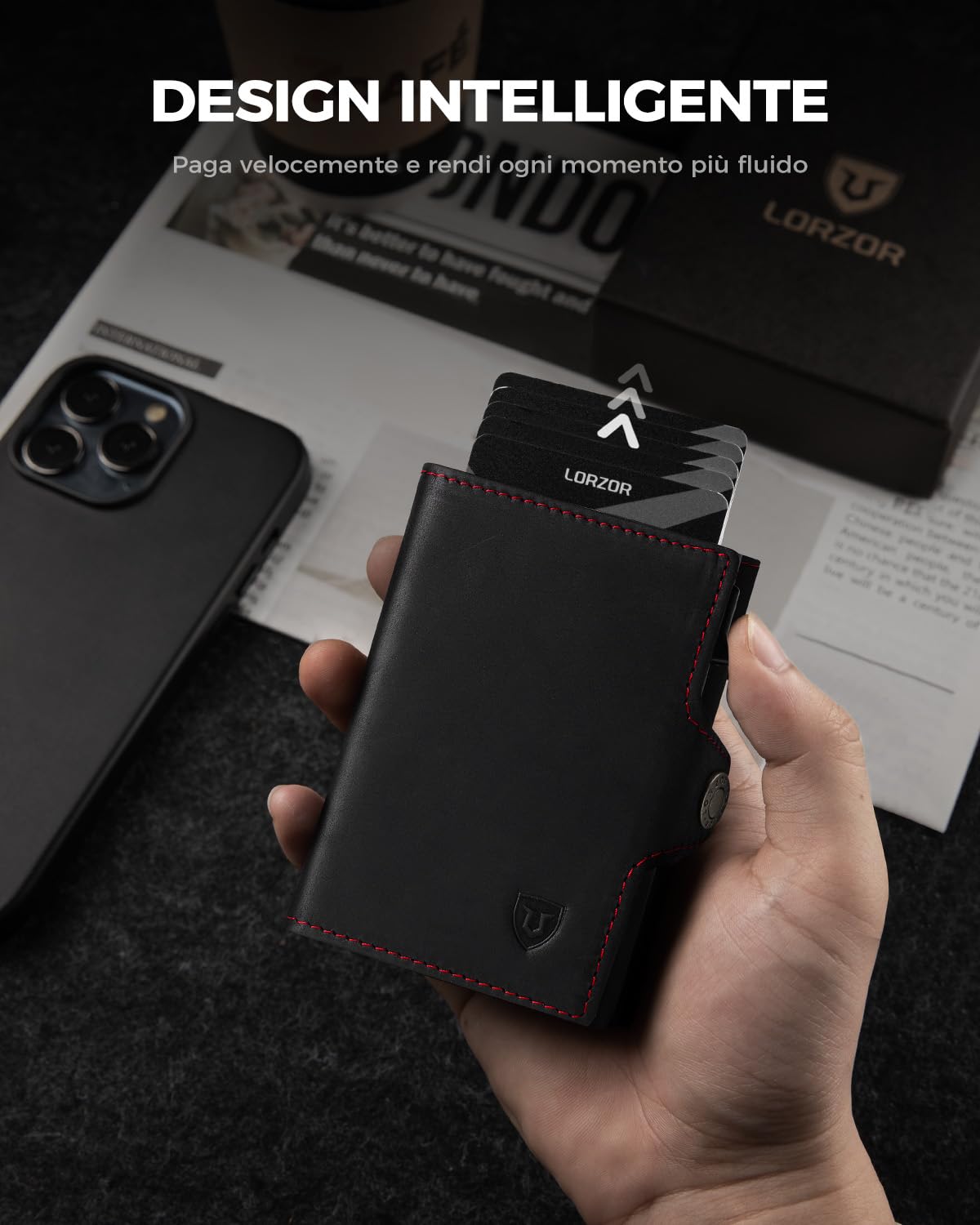 LORZOR® Portafoglio Uomo Slim Pelle, Portacarte Uomo con Protezione RFID & Portamonete, Porta Carte di Credito Pop-up Contenere 10 Carte, Porta Tessere Tascabile