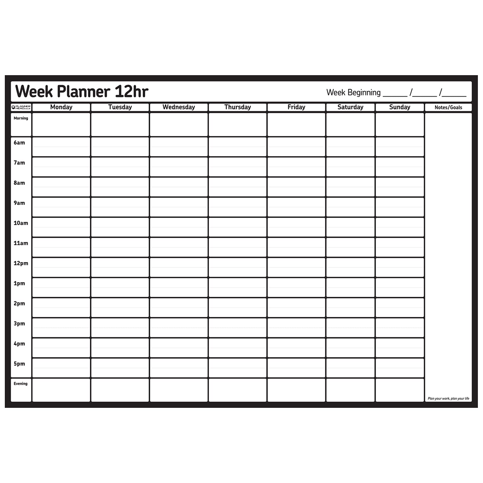 Week Planner Laminated Wall Chart 12hr a Day / 7 Days a Week Re-use Every Week & Wipe Clean. Use Again and Again, for Any Week of Any Year (12 Hours - 7 Days - Landscape, Large 70cm x 49cm (Folded))