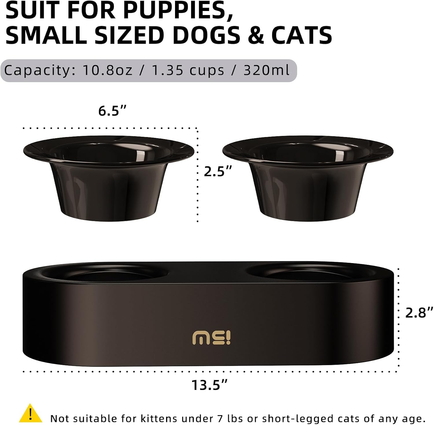 MS!MAKE SURE Raised Cat Bowls Set - Ceramic Dishes with Non-Slip Stand, 9° Tilted, Lead & Cadmium Free, for Small Dogs and Cats, 6.5" Wide - 2 x 320ML (10.8 oz), Black
