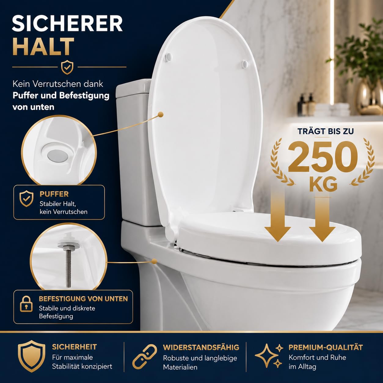 WC-Sitz erhöht 5cm für ältere/behinderte Menschen, WC-Sitzerhöhung Toilettensitz aus Duroplast, leiser Absenkautomatik, verstellbare Edelstahl-Scharniere (250 kg, Universal) (O-Form)