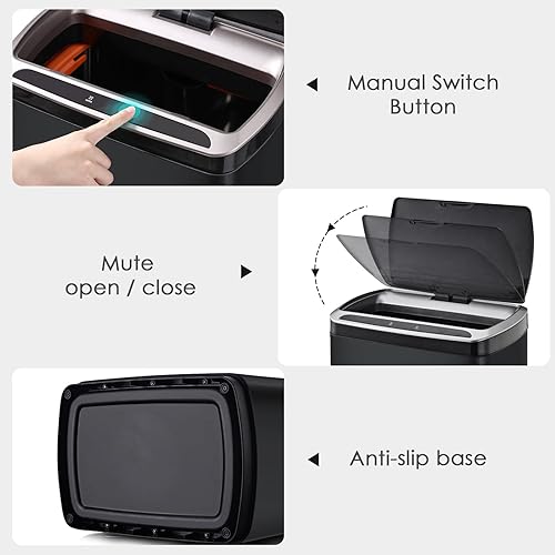 Miniatura 4 de ELPHECO Basurero rectangular de cocina de 50 litros13.2 galones, con sensor de movimiento con acabado de acero inoxidable cepillado, papelera