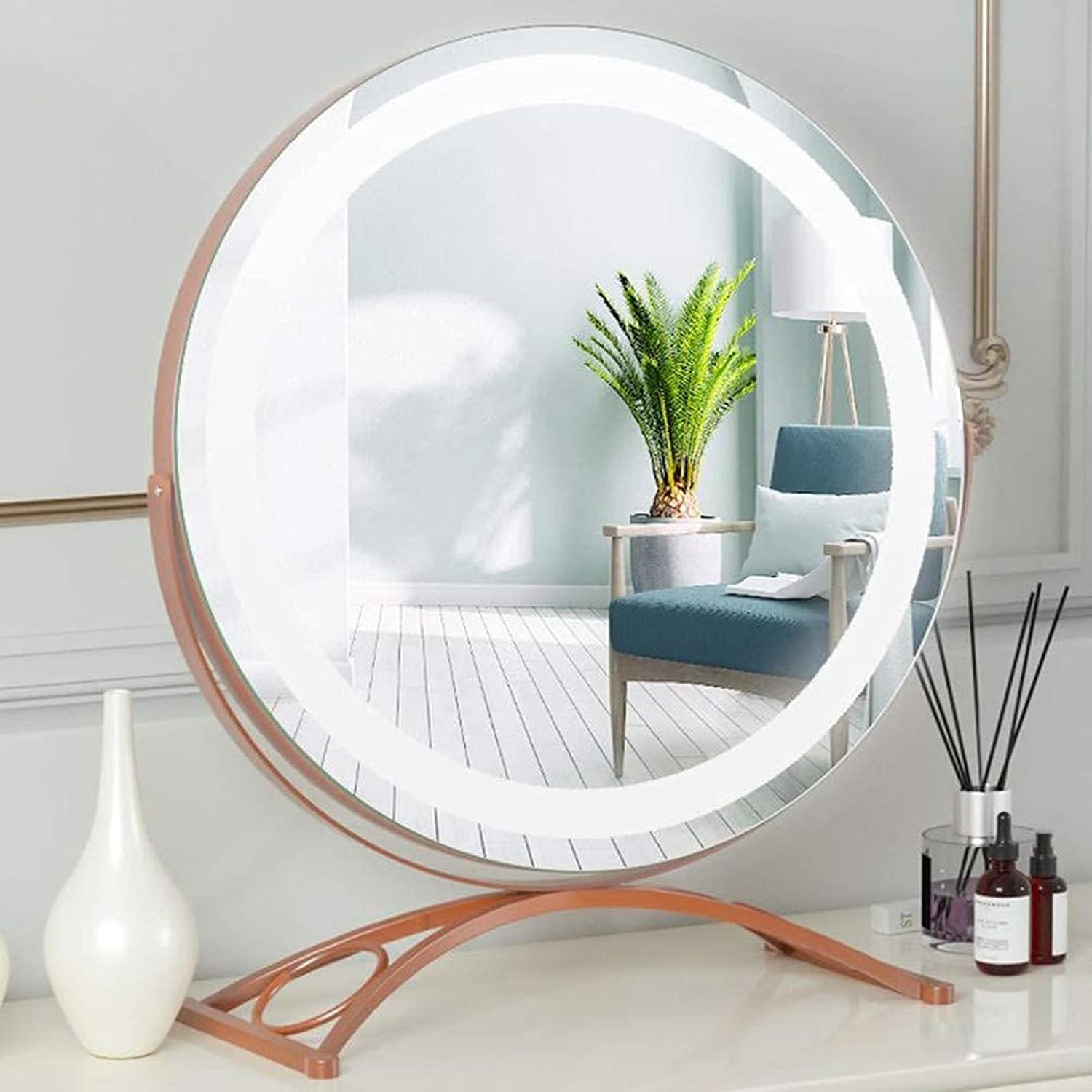 Round Makeup Mirror with Led Lights Plug in Modern Countertop Mirror with 3 Lighting Touch Control and 360°Swivel Cosmetic Vanity Mirror Light up Desktop Makeup Mirror Art